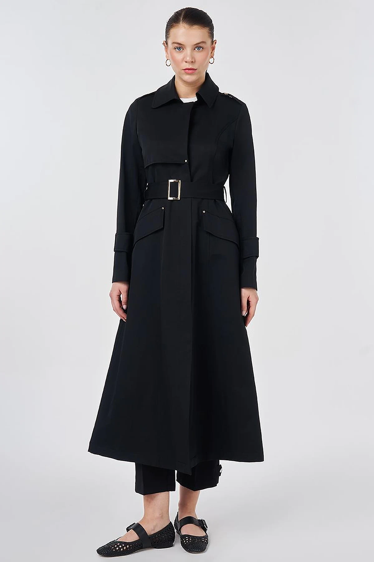 Button Detail Trench Coat Black