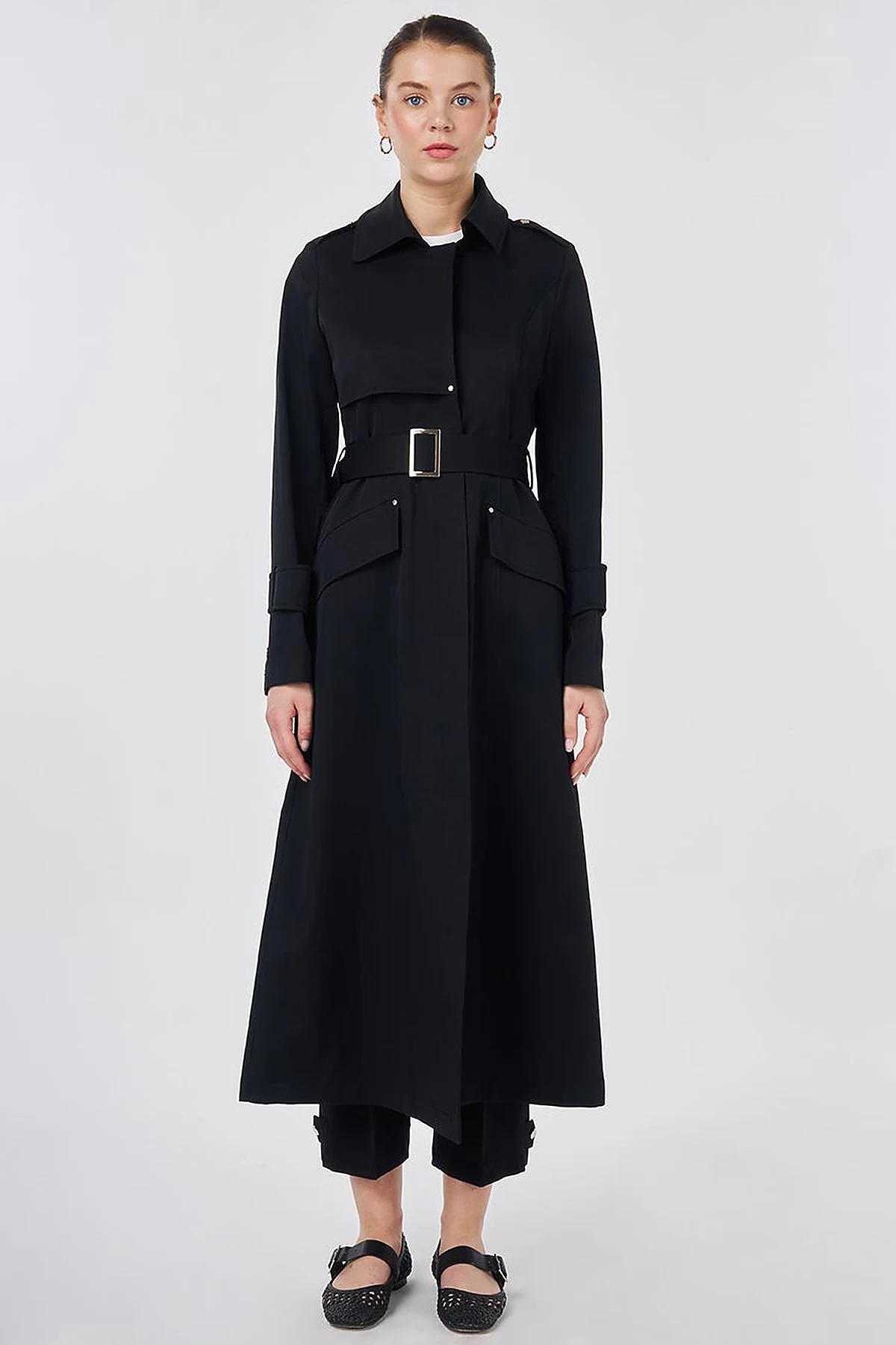 Button Detail Trench Coat Black