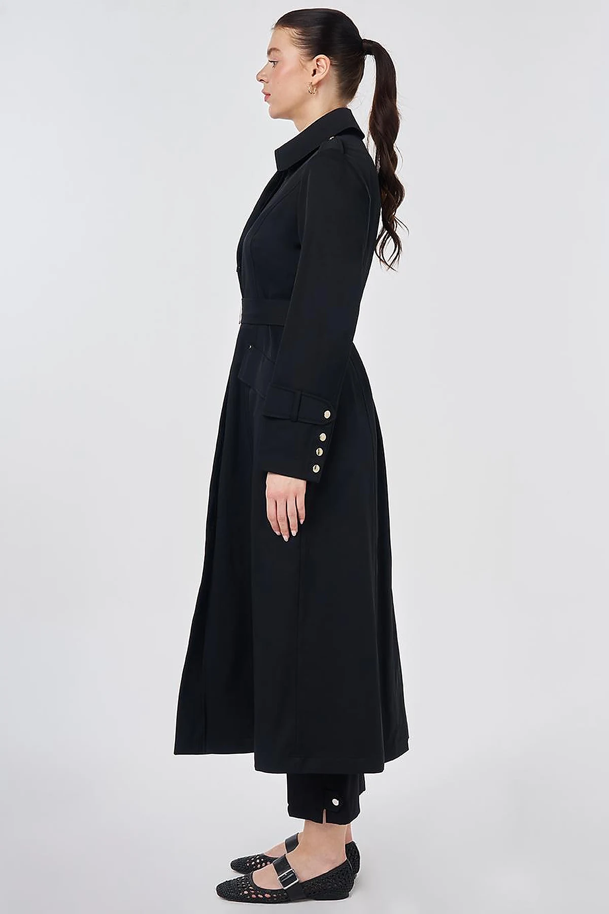 Button Detail Trench Coat Black