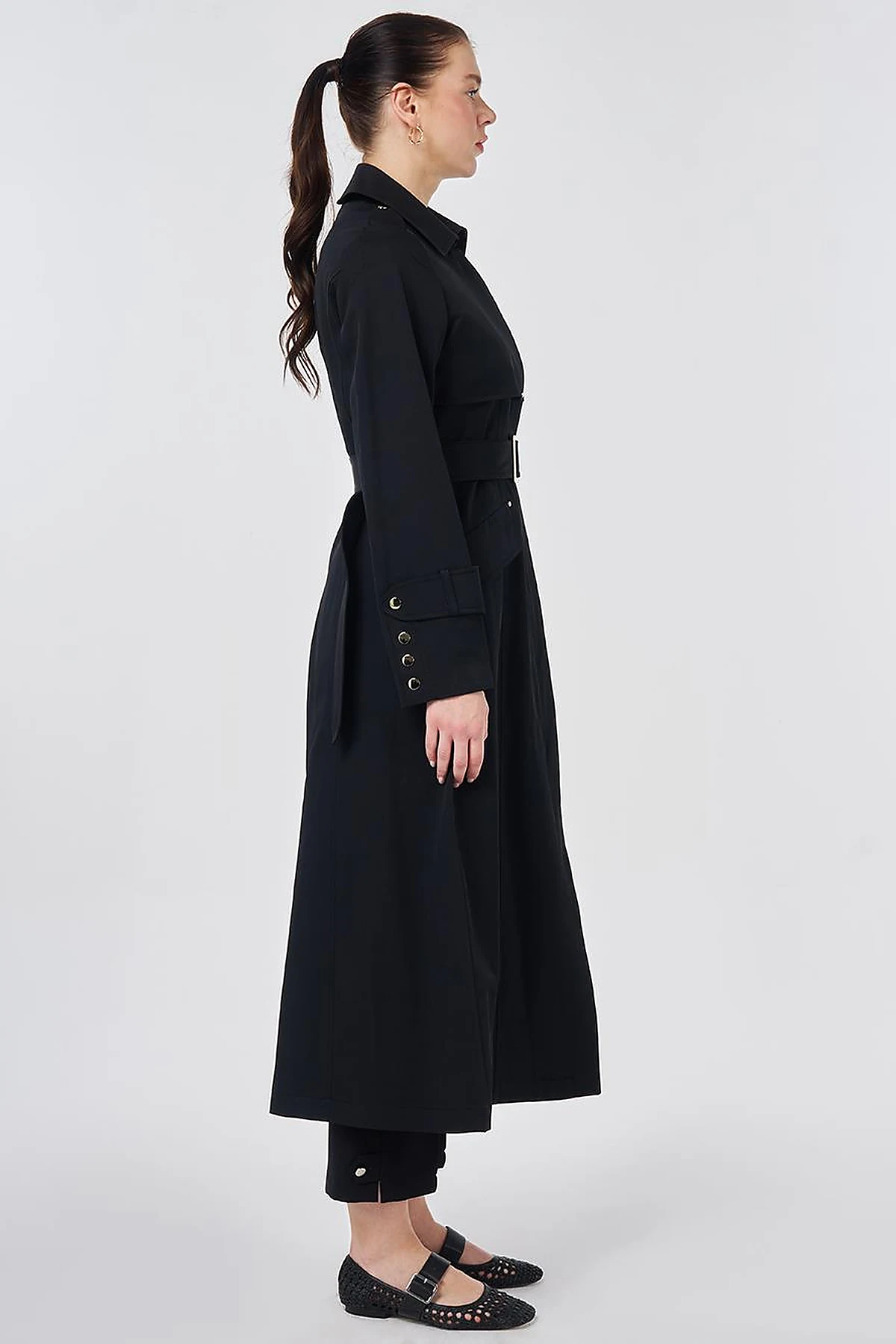 Button Detail Trench Coat Black