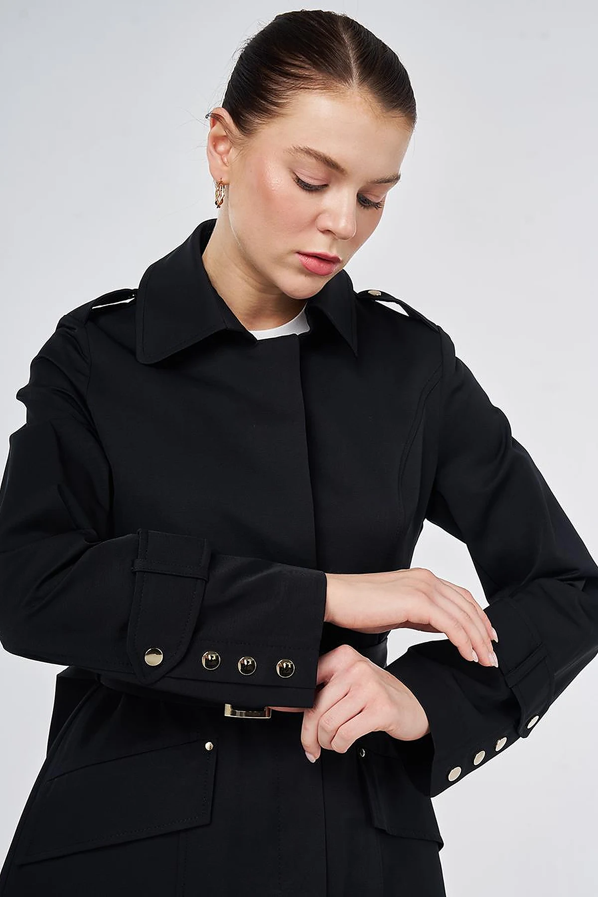 Button Detail Trench Coat Black