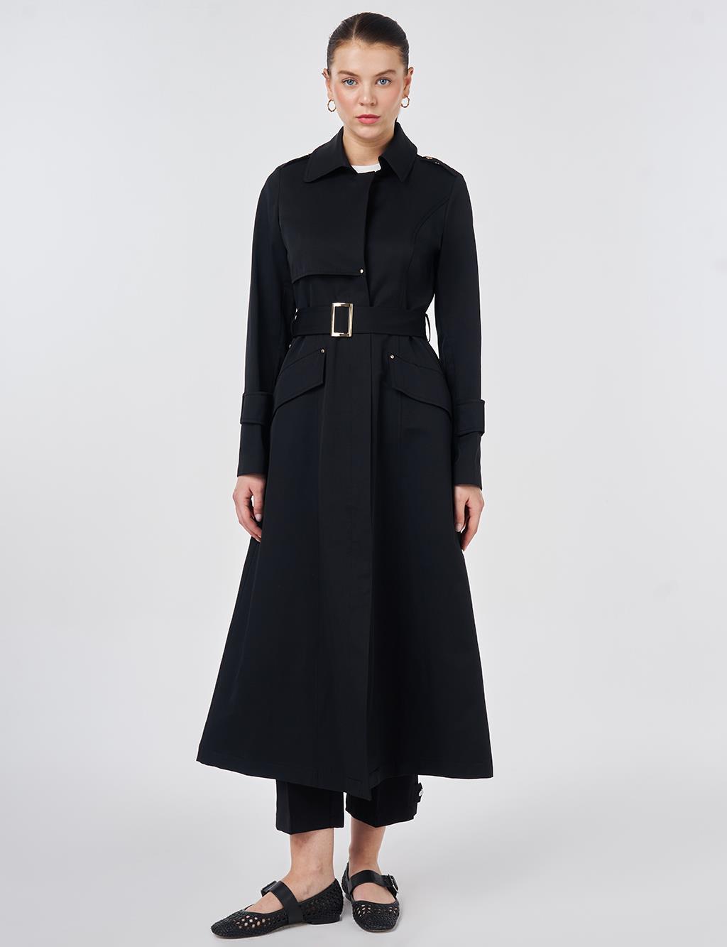 Button Detail Trench Coat Black