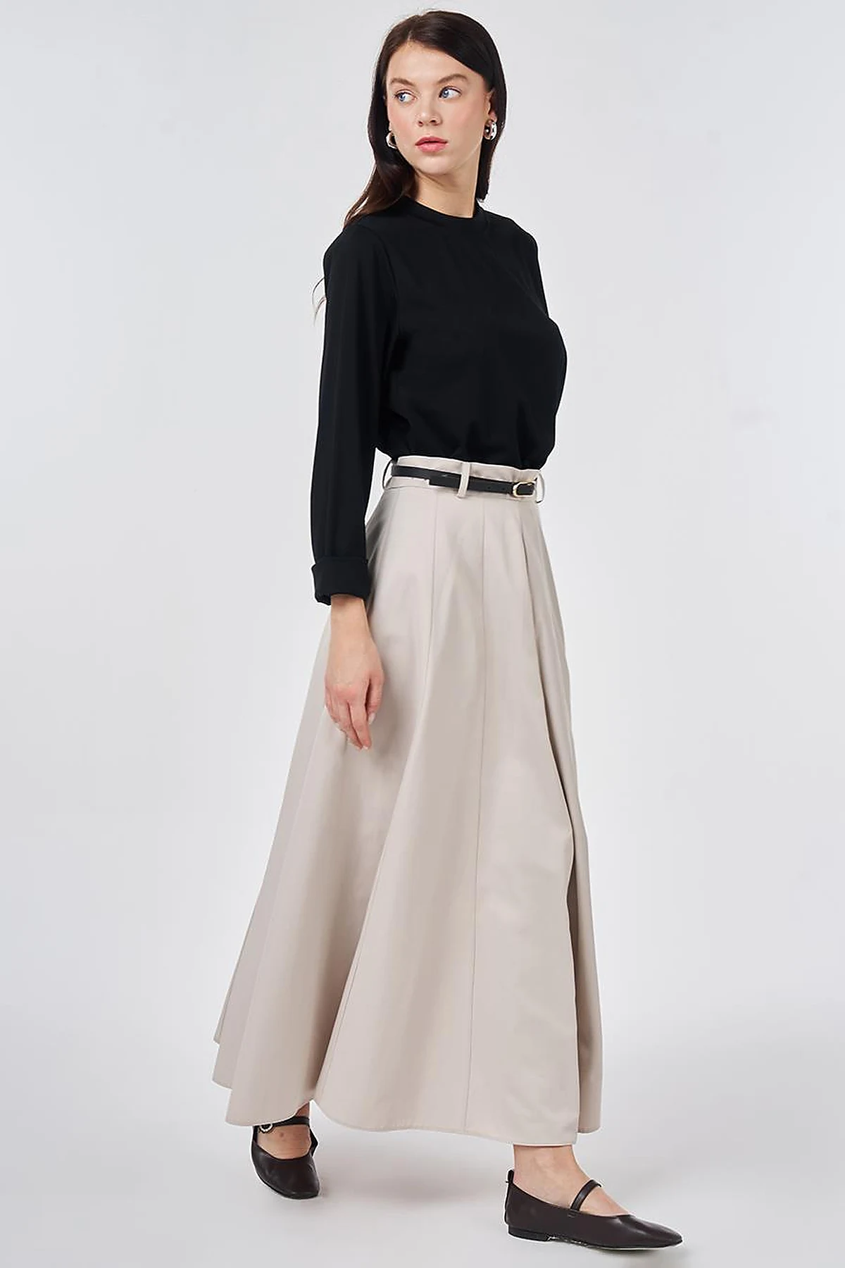 High-Waisted Skirt with Belt Detail Stone Wash