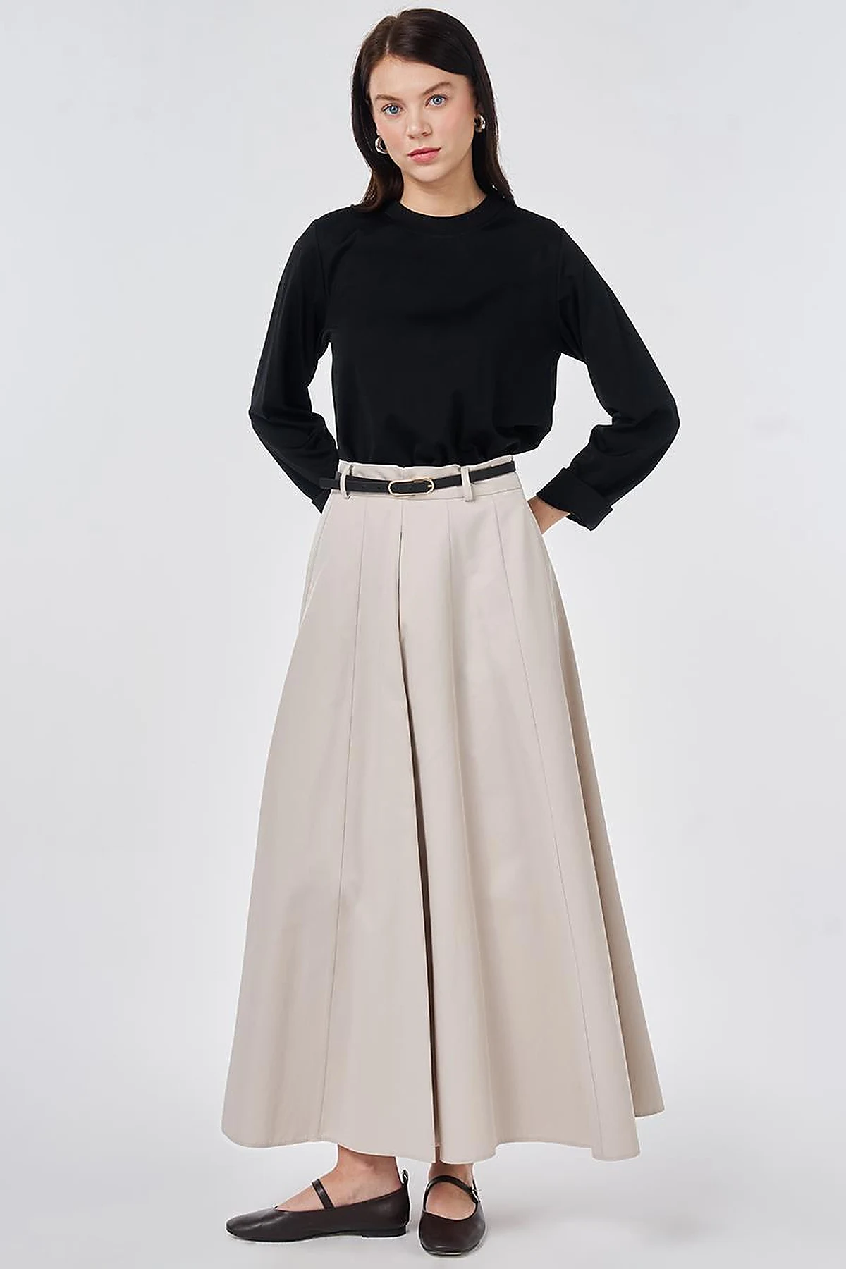 High-Waisted Skirt with Belt Detail Stone Wash