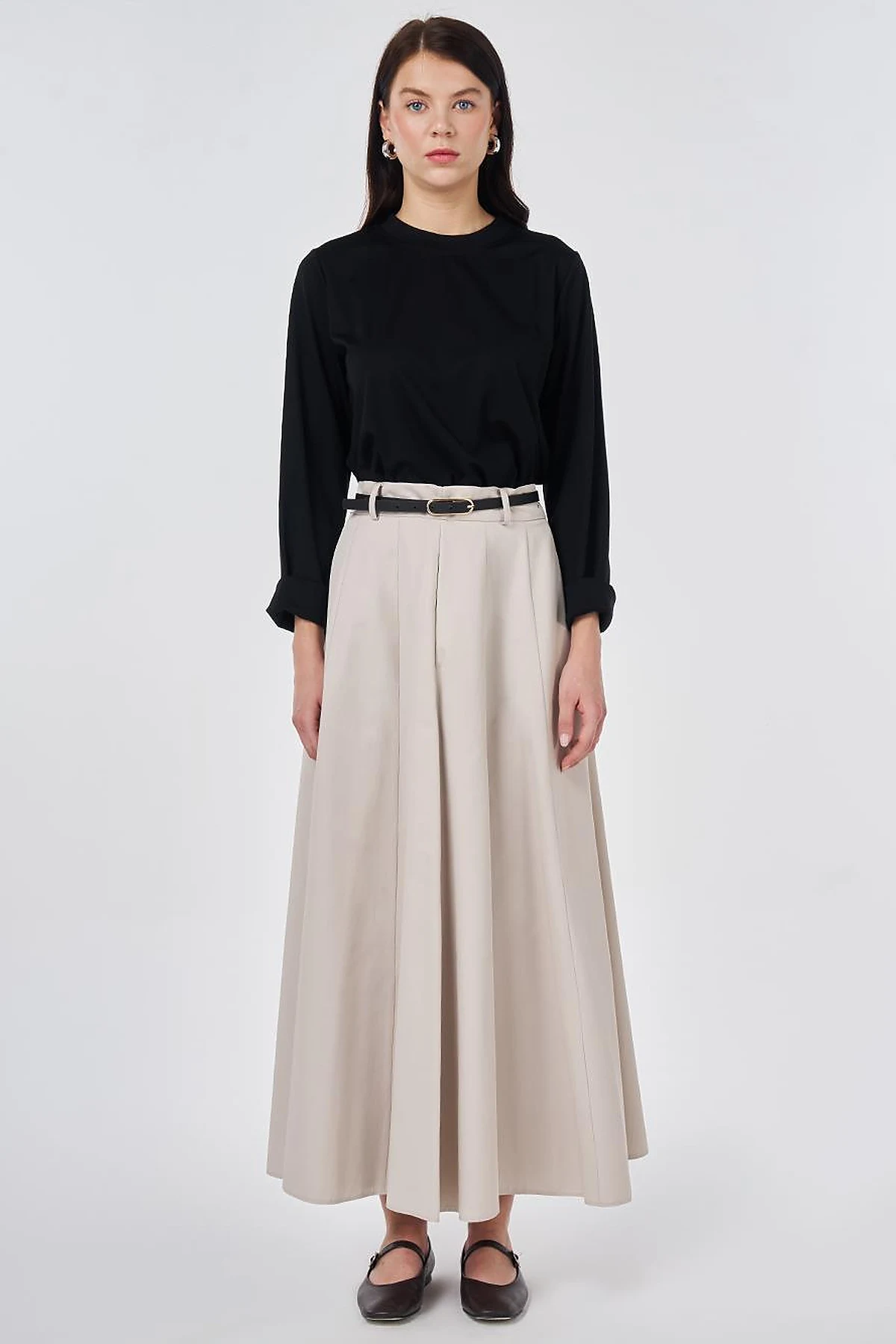 High-Waisted Skirt with Belt Detail Stone Wash