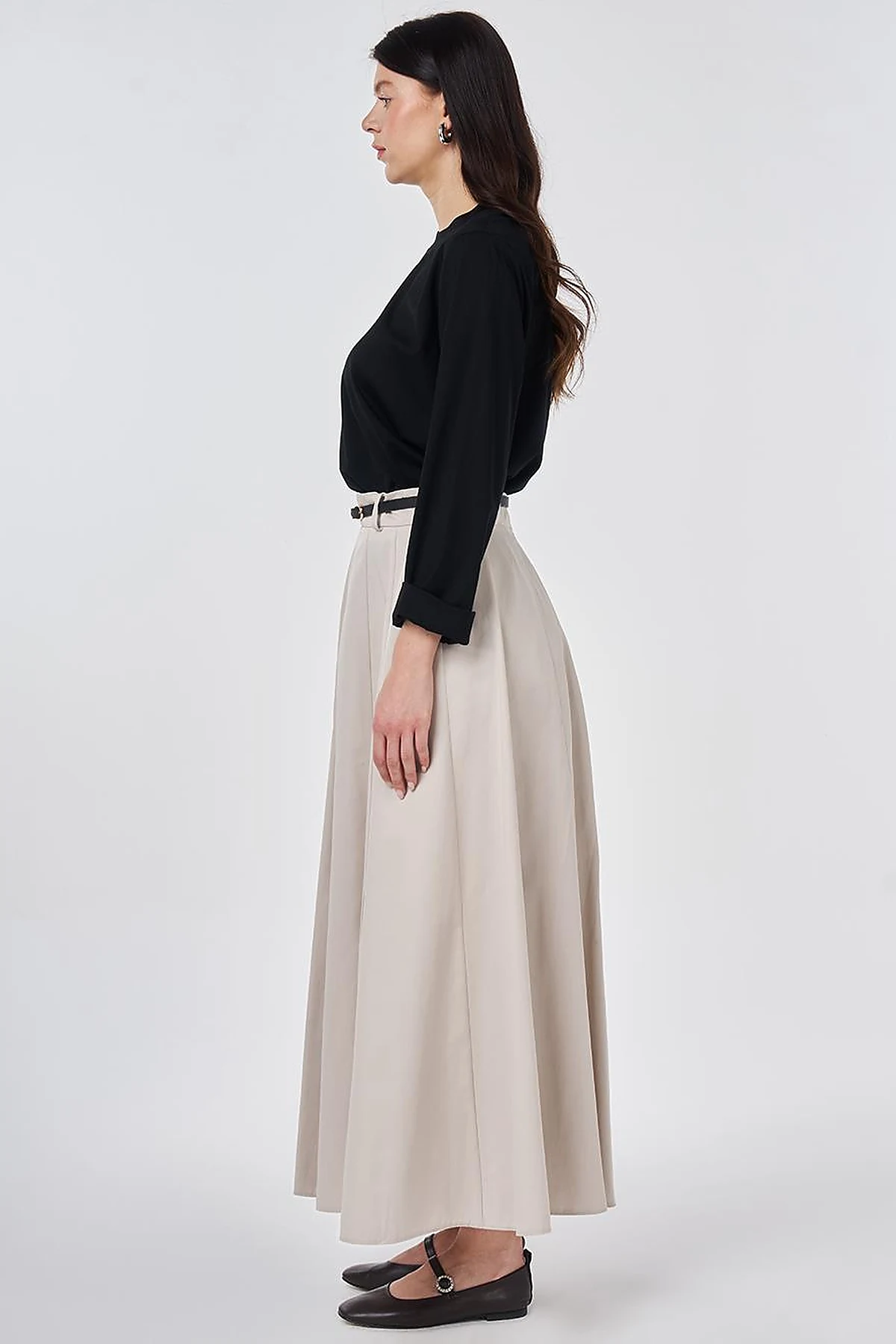 High-Waisted Skirt with Belt Detail Stone Wash