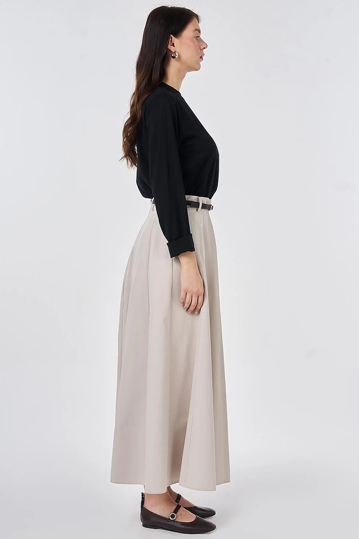 High-Waisted Skirt with Belt Detail Stone Wash