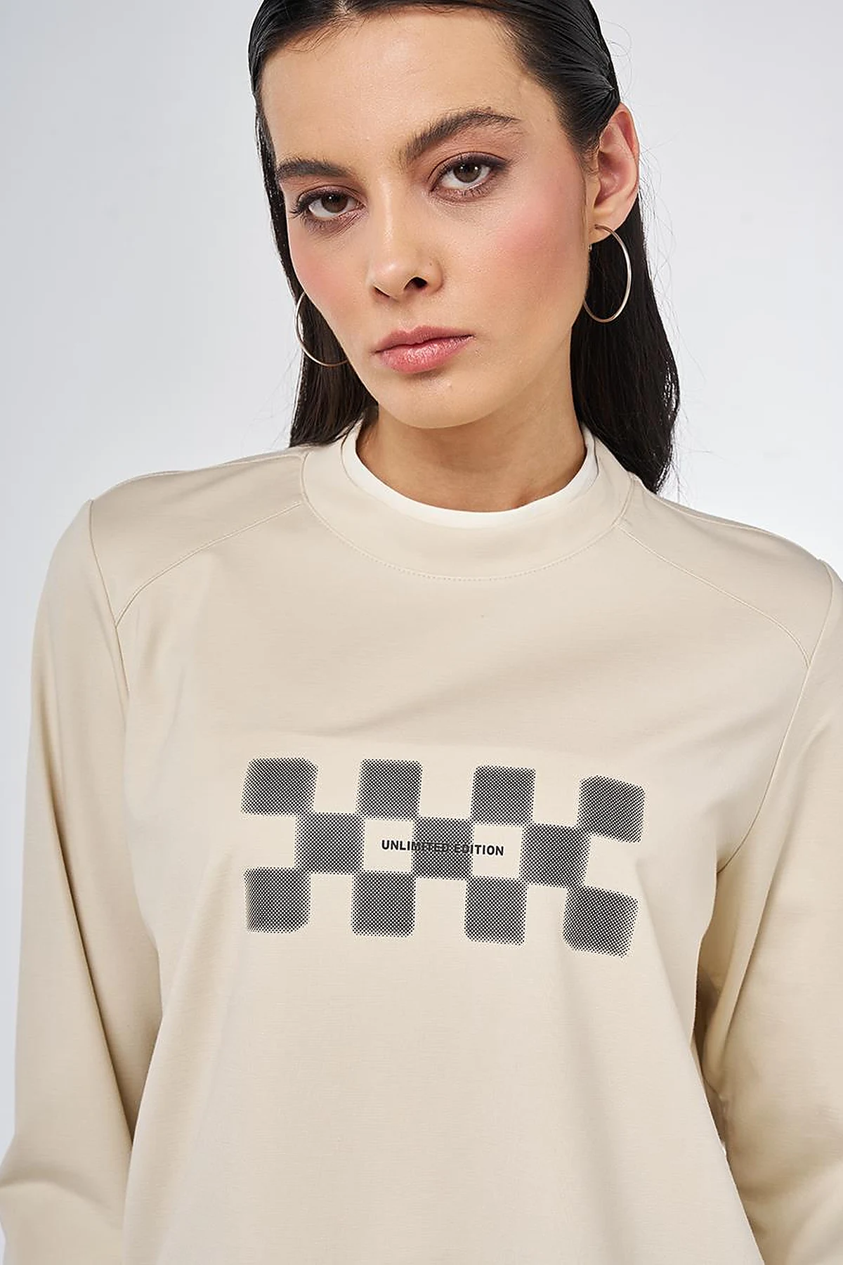 Slogan Baskılı Penye Sweatshirt Krem
