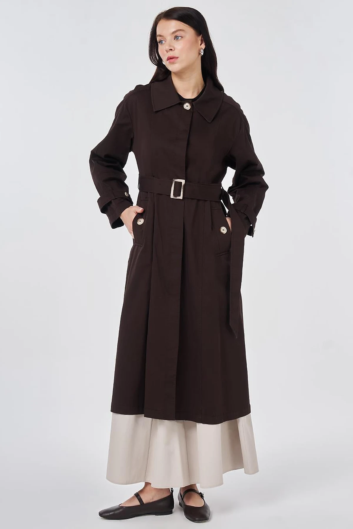 Shirt Collar Belted Trench Coat Dark Brown
