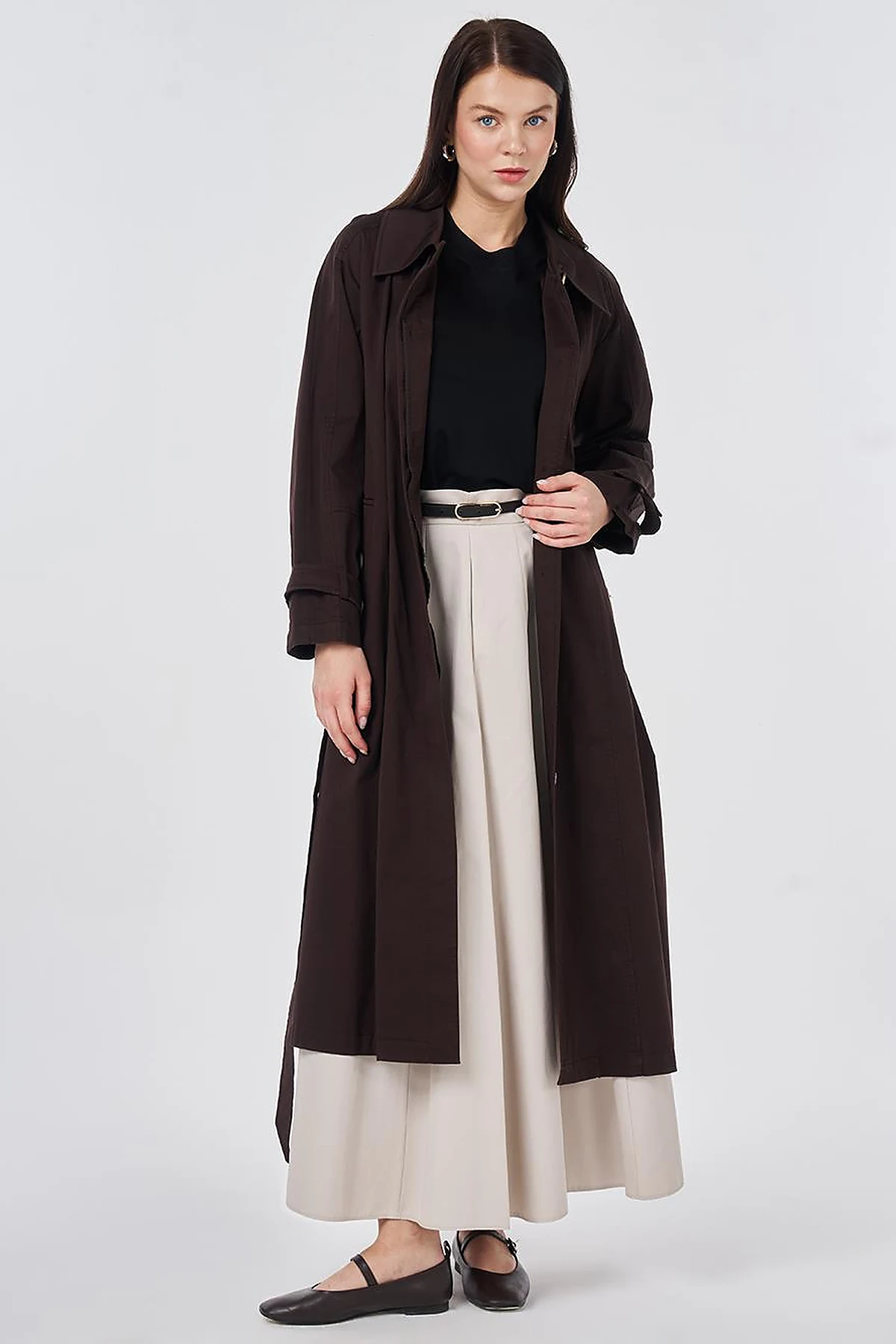 Shirt Collar Belted Trench Coat Dark Brown