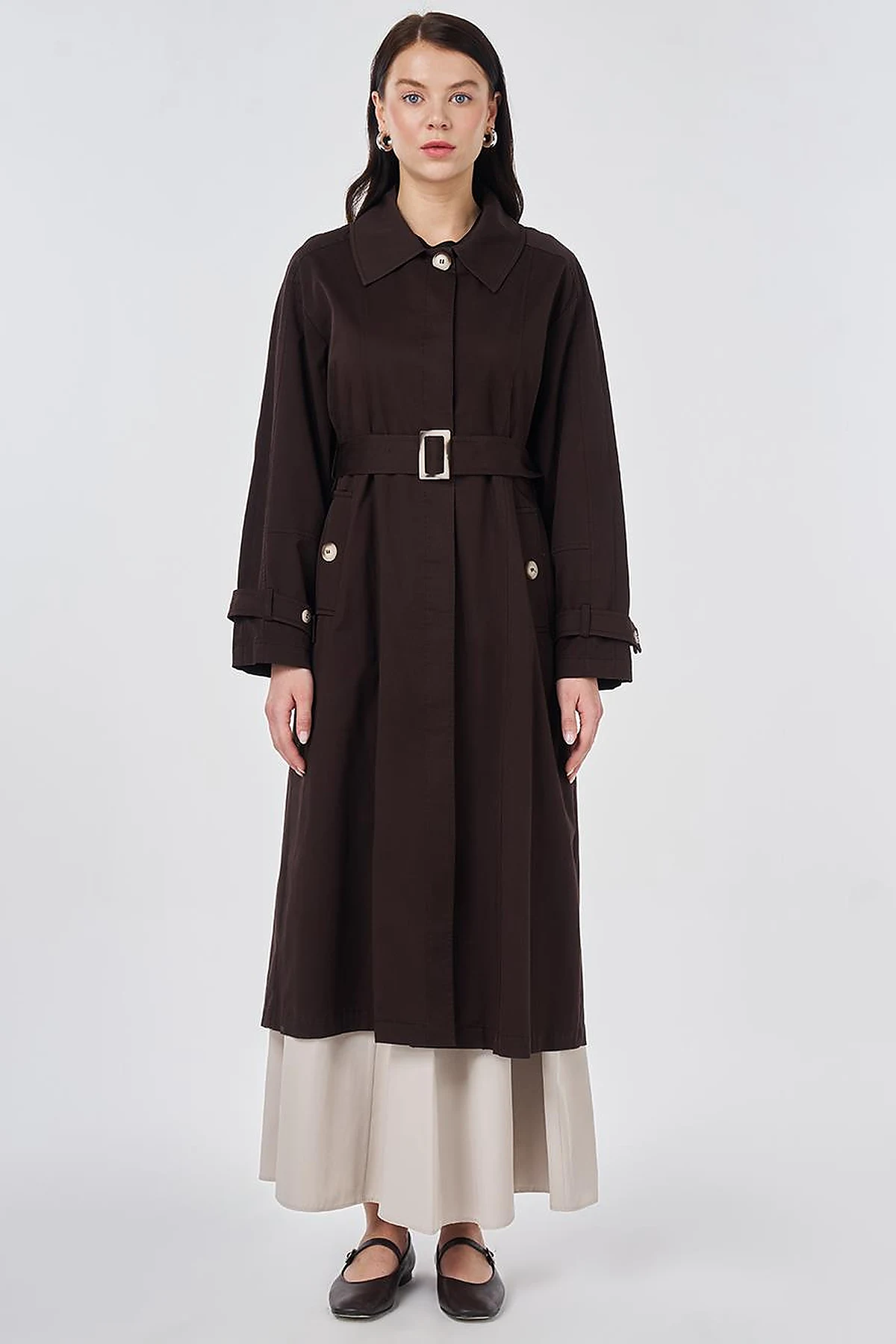 Shirt Collar Belted Trench Coat Dark Brown