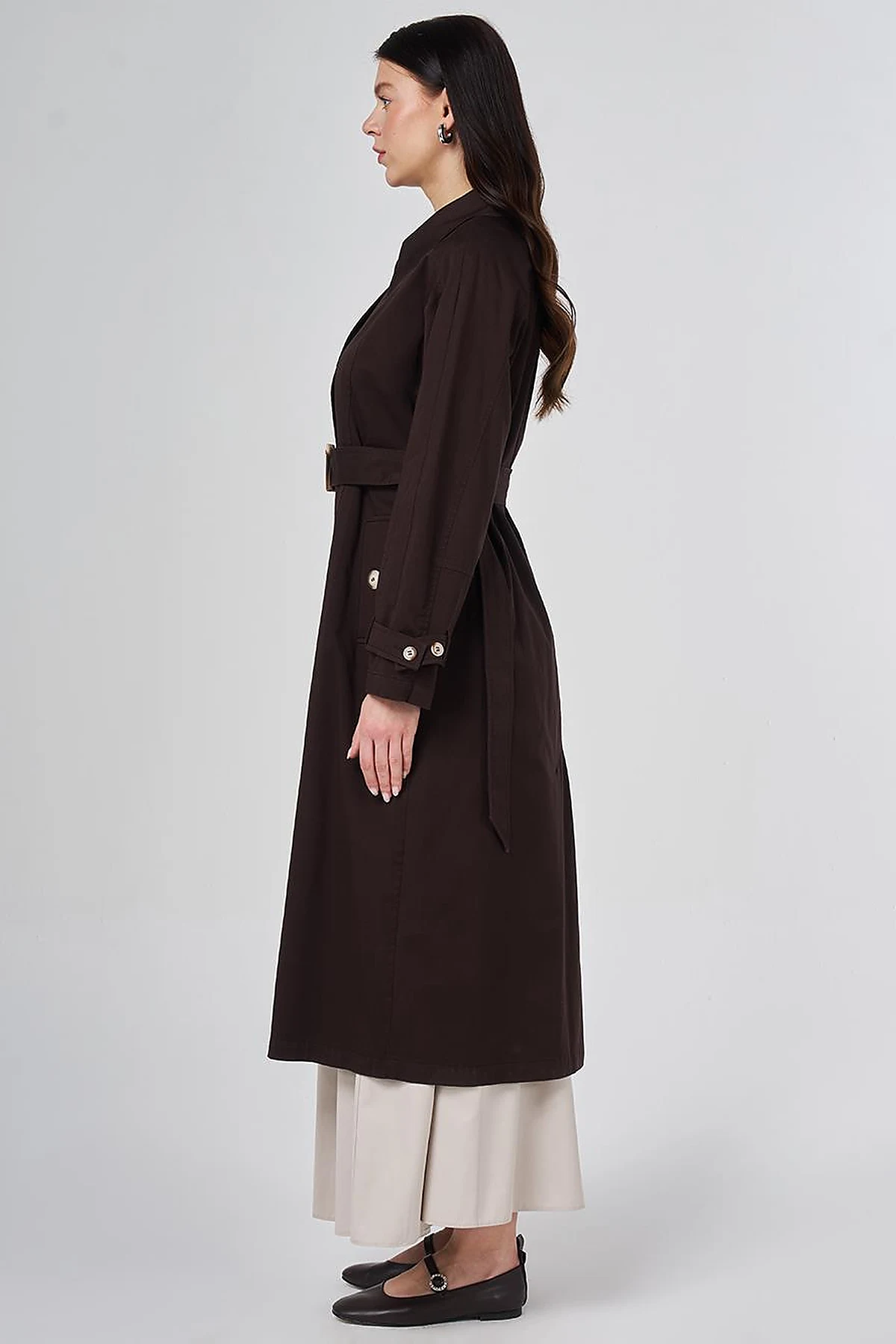 Shirt Collar Belted Trench Coat Dark Brown