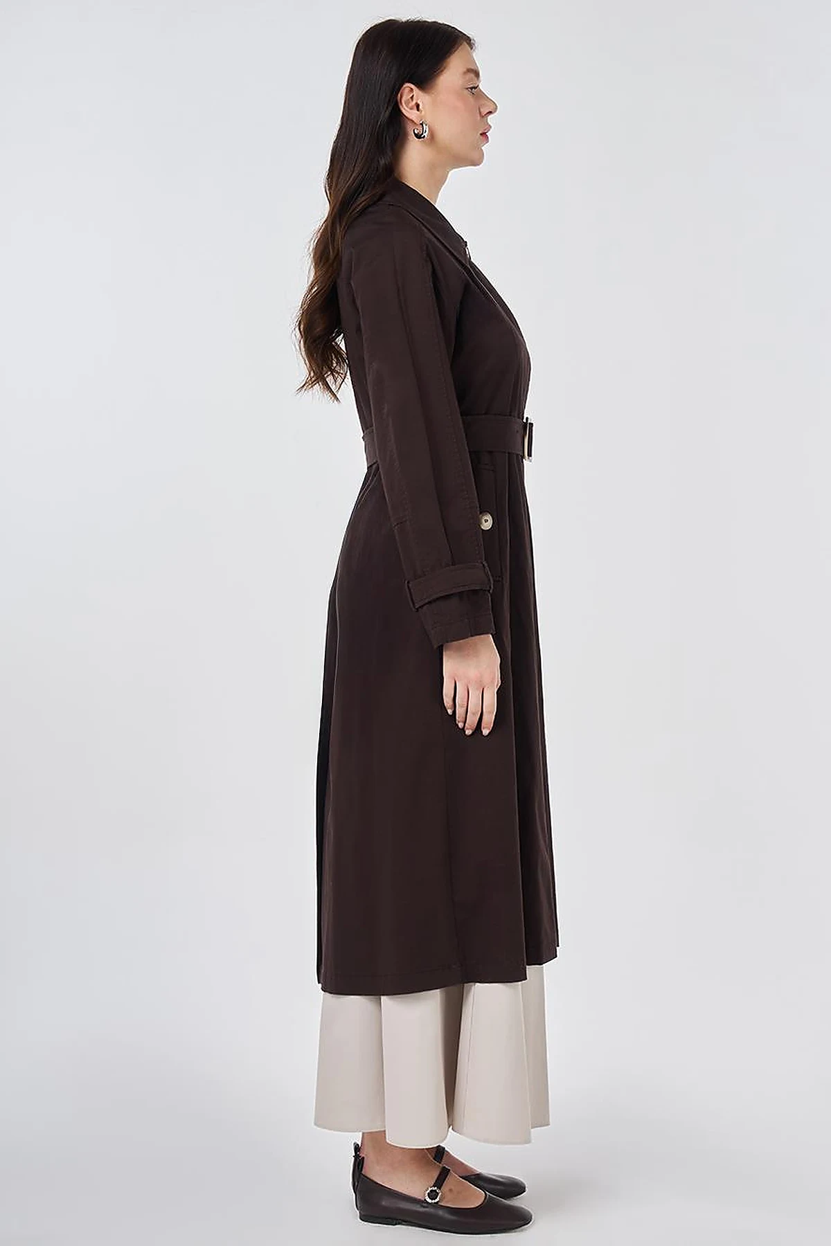 Shirt Collar Belted Trench Coat Dark Brown