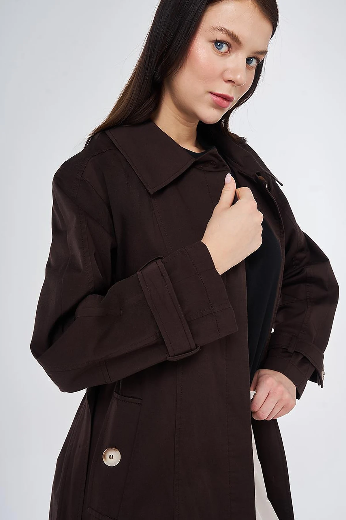 Shirt Collar Belted Trench Coat Dark Brown