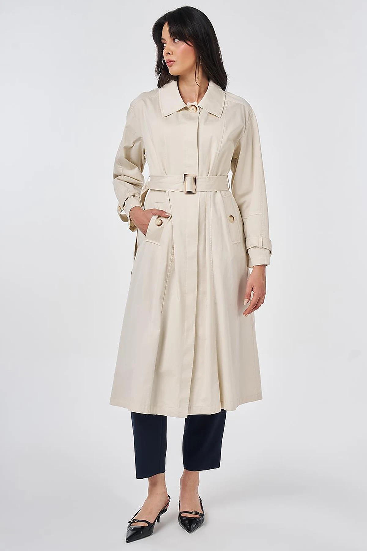 Shirt Collar Belted Trench Coat Cream