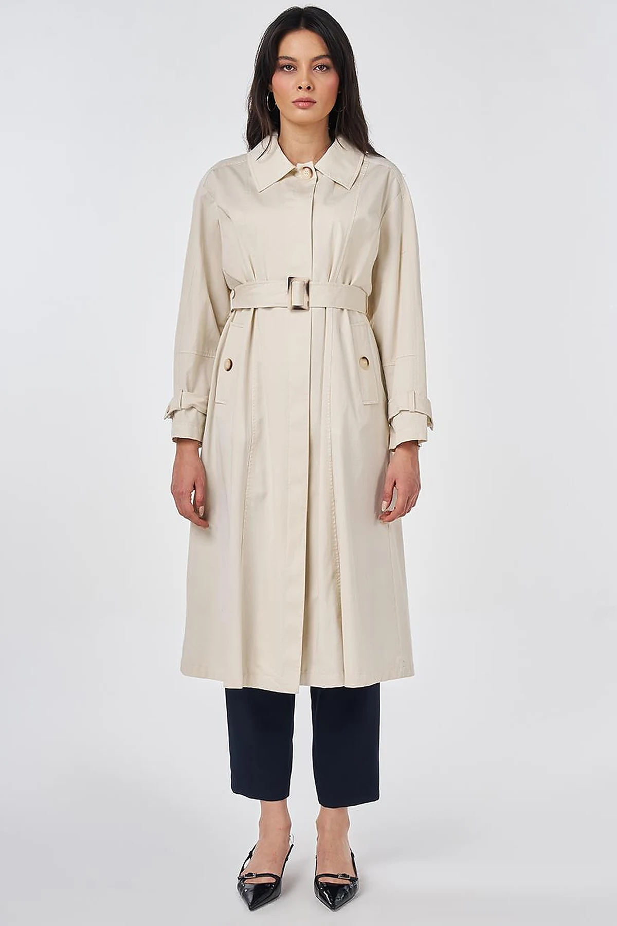 Shirt Collar Belted Trench Coat Cream
