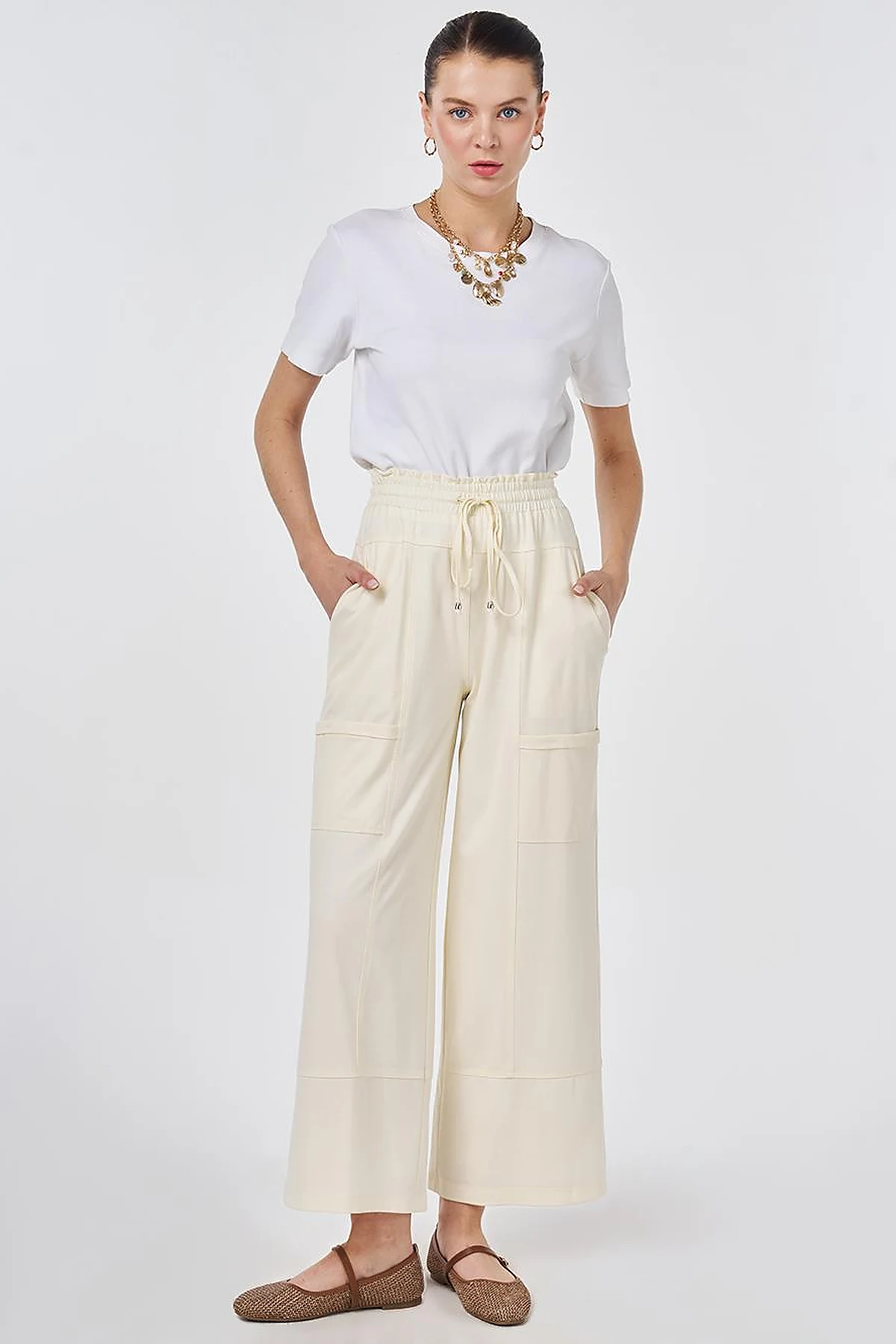 Cargo Pocket Rayon Trousers Ecru