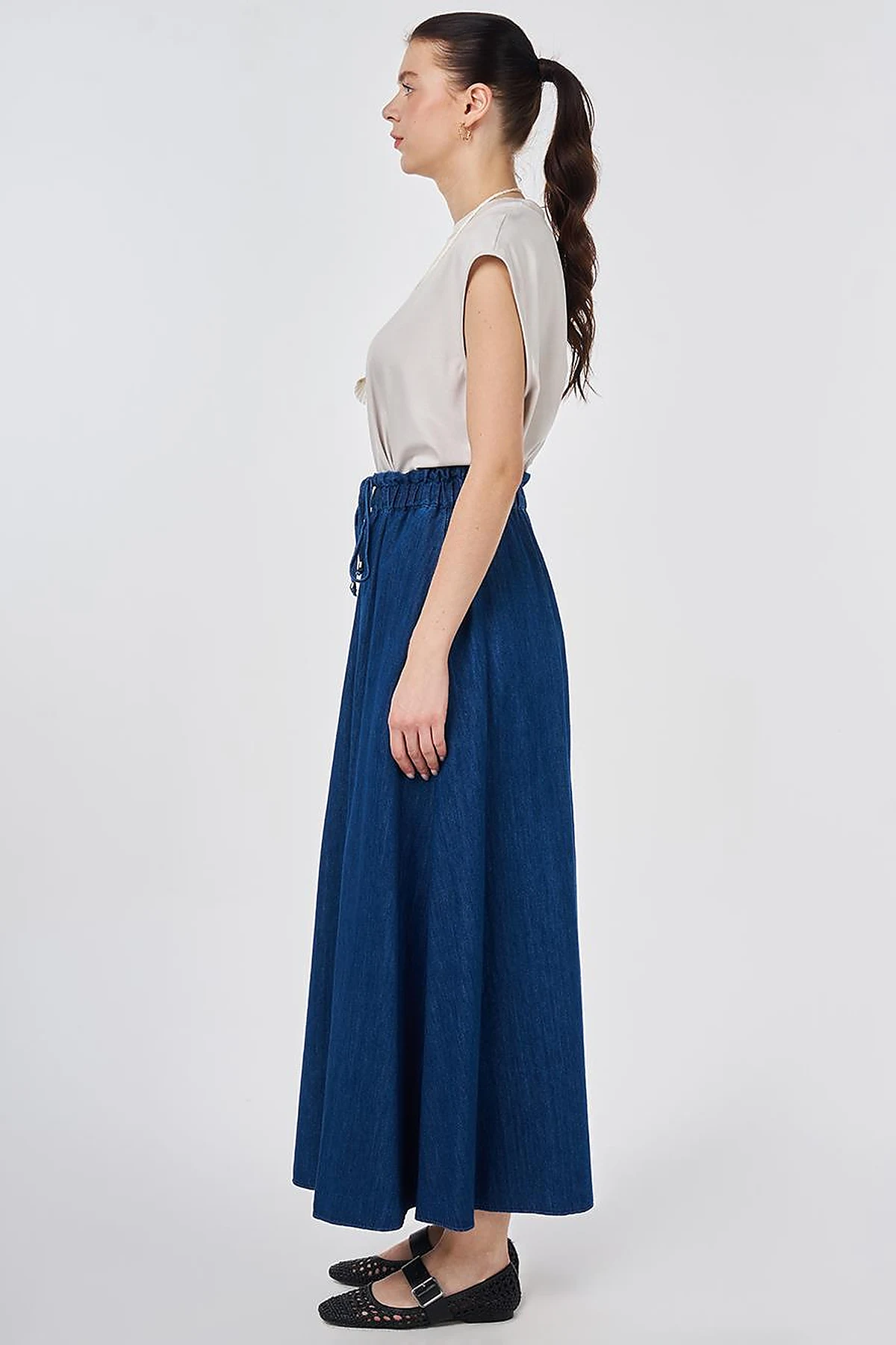 Yıkamalı Evaze Kesim Denim Etek İndigo 