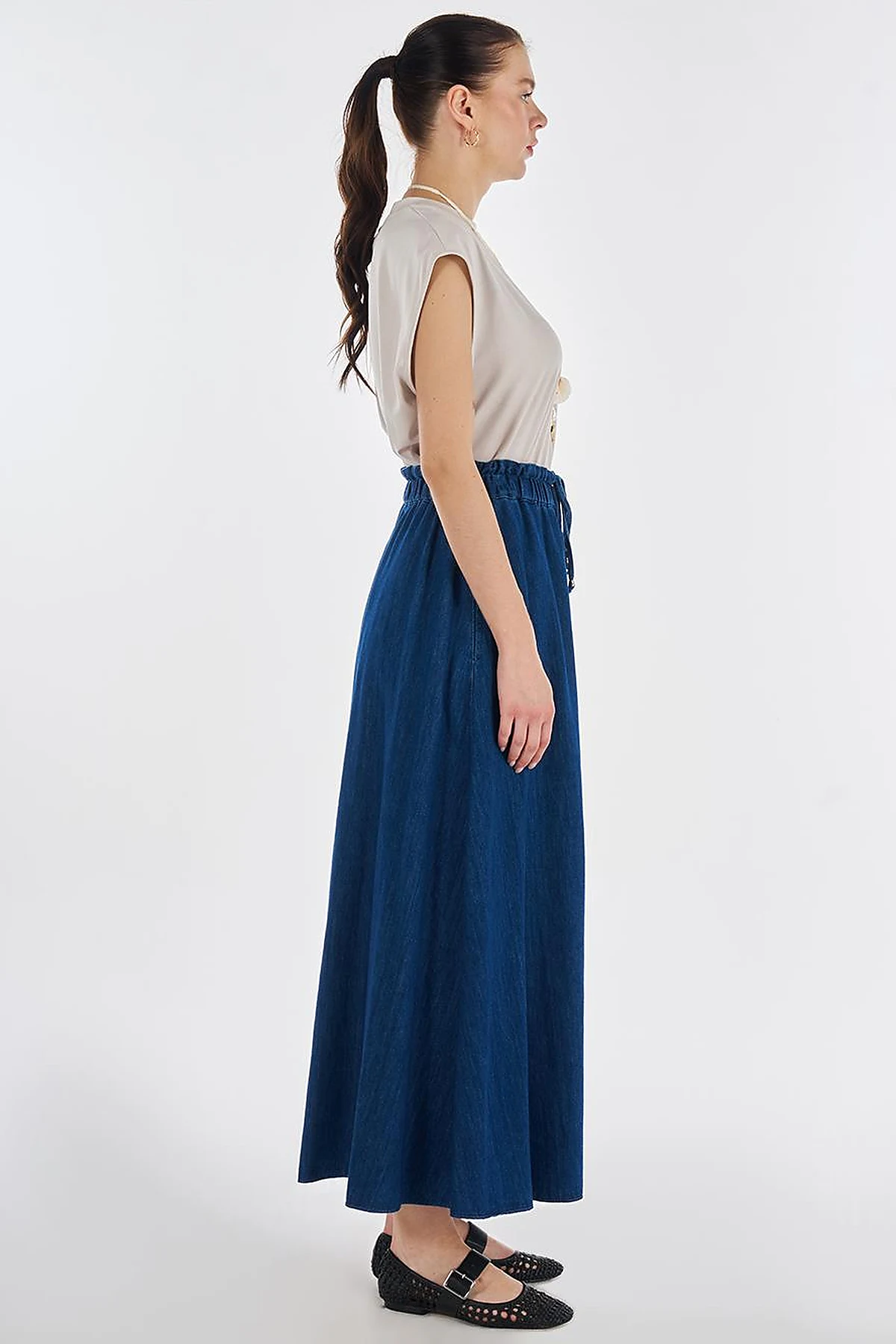 Yıkamalı Evaze Kesim Denim Etek İndigo 