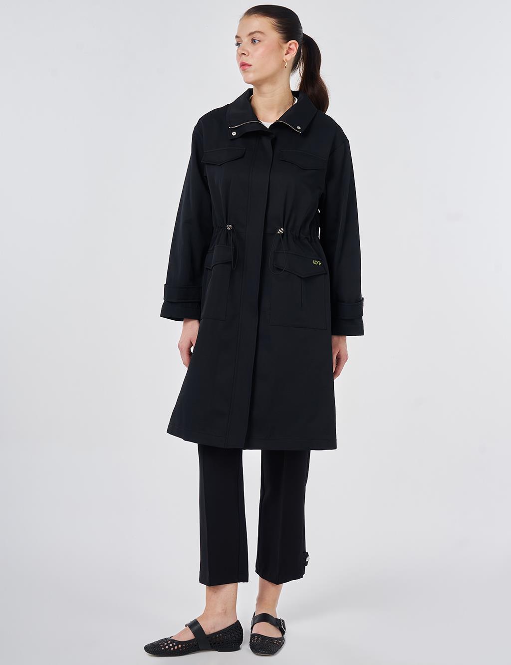 Stand Collar Flap-Pocket Detail Coat Black