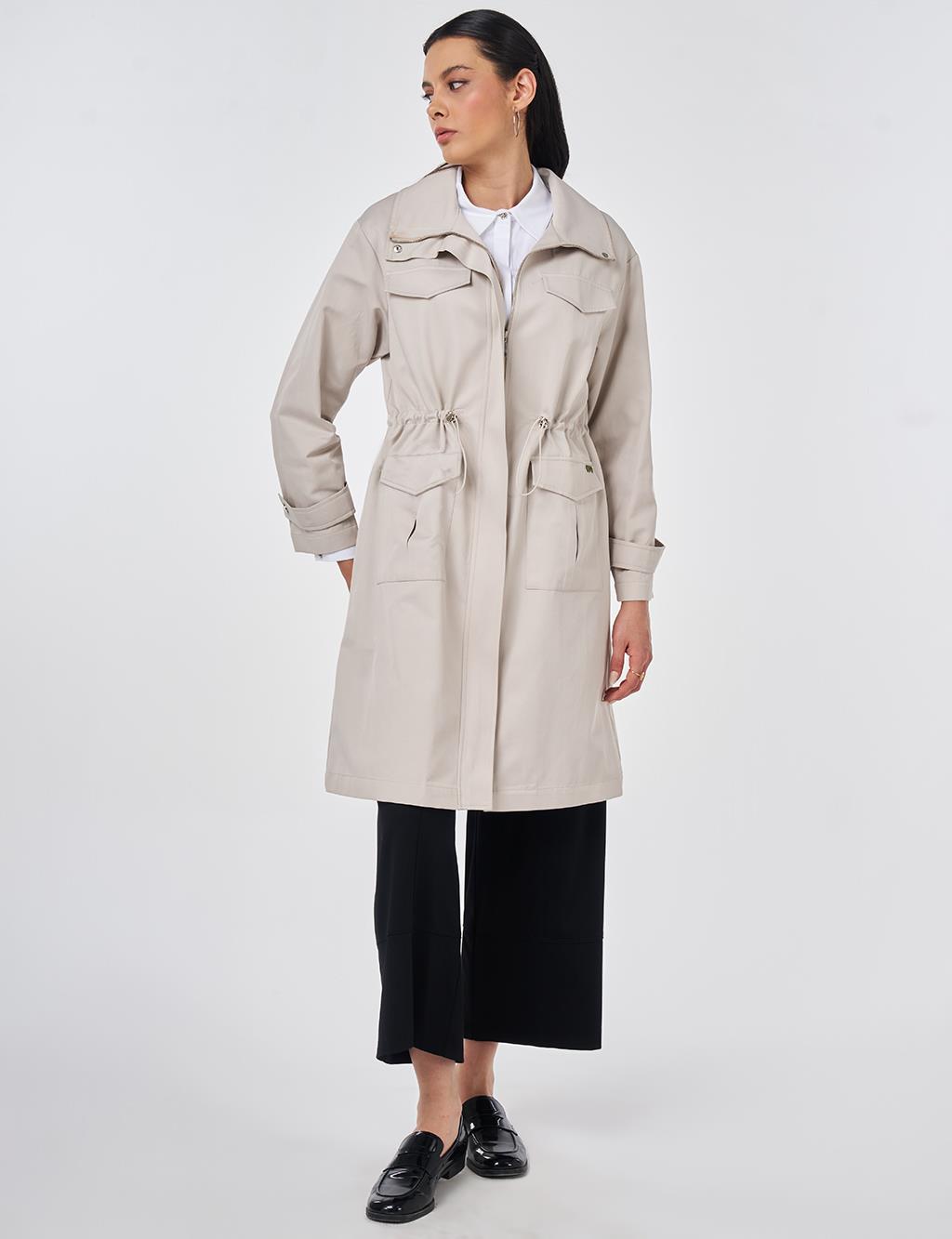 Stand Collar Flap-Pocket Detail Coat Stone