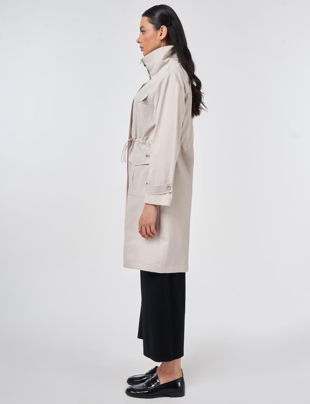 Stand Collar Flap-Pocket Detail Coat Stone