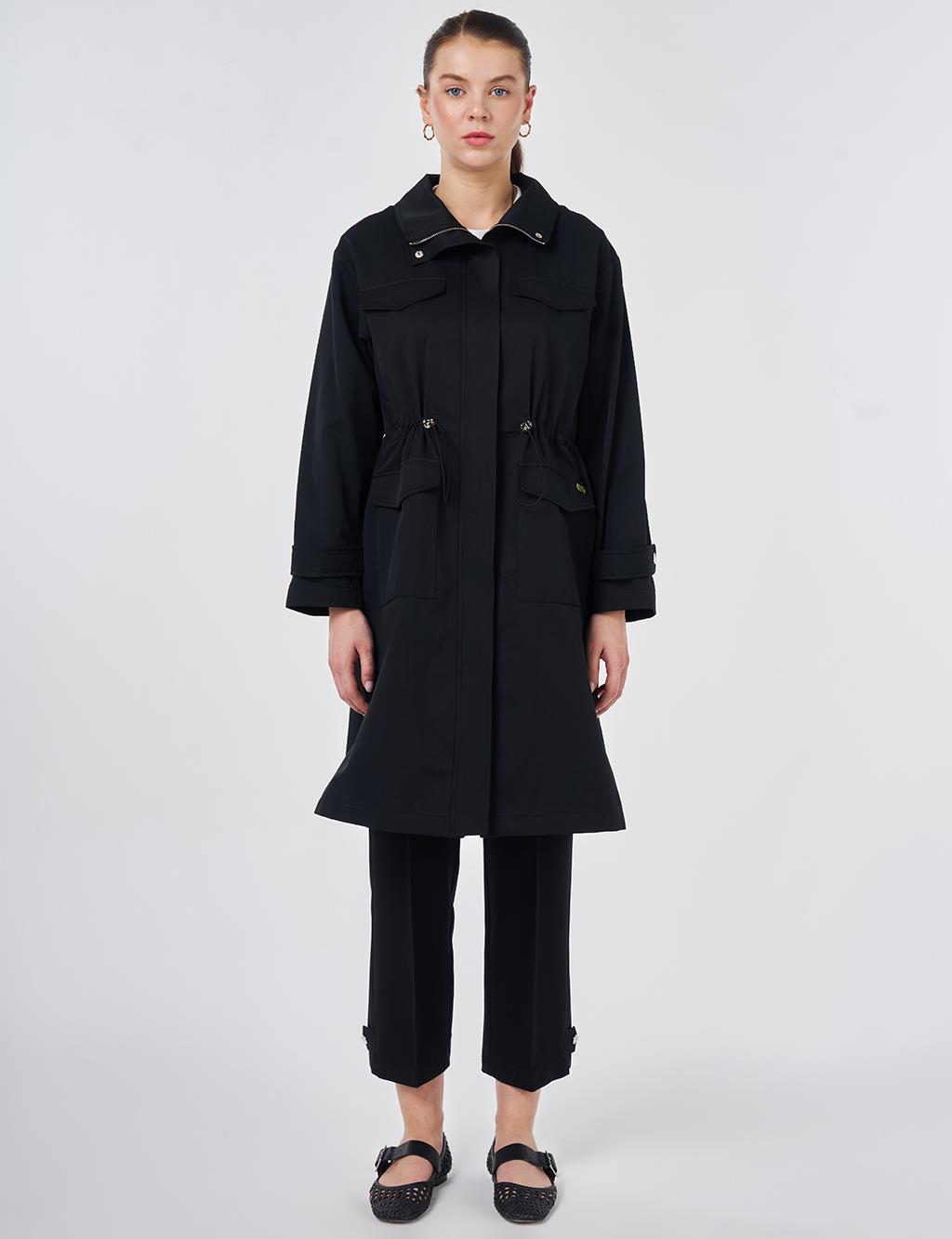 Stand Collar Flap-Pocket Detail Coat Black