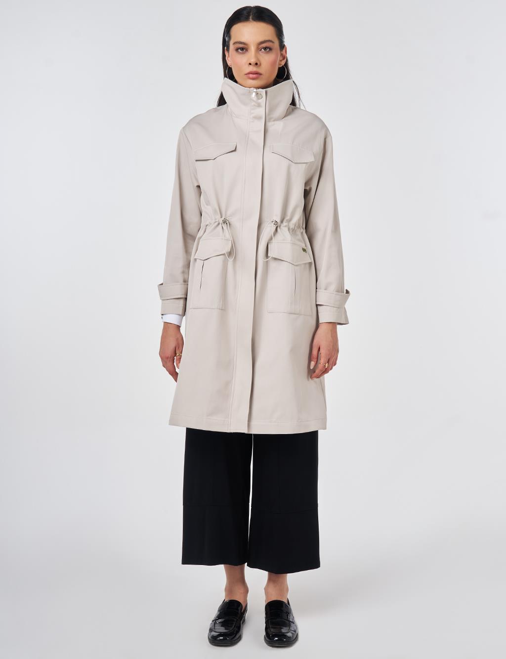 Stand Collar Flap-Pocket Detail Coat Stone