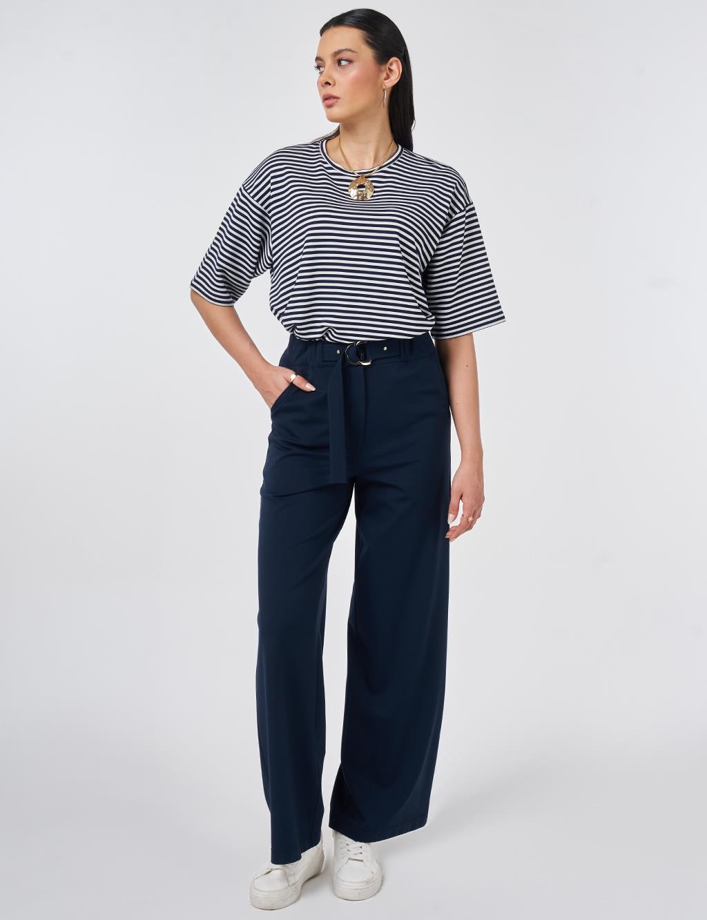 Metal-Buckle Rayon Pants Dark Navy