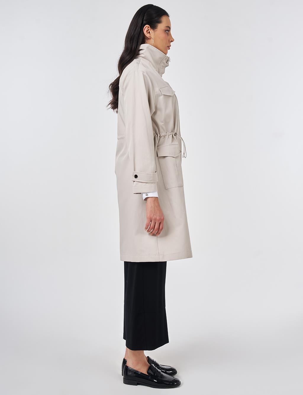 Stand Collar Flap-Pocket Detail Coat Stone