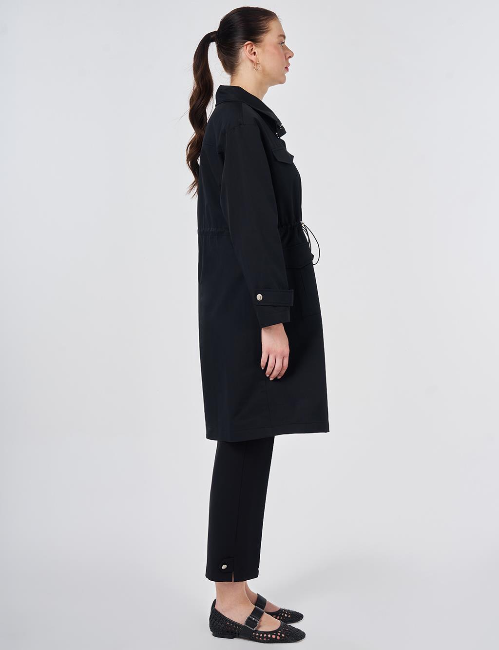 Stand Collar Flap-Pocket Detail Coat Black
