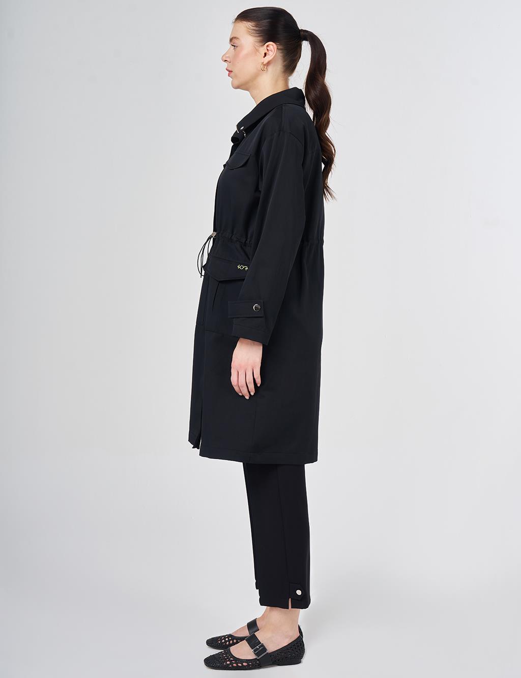 Stand Collar Flap-Pocket Detail Coat Black