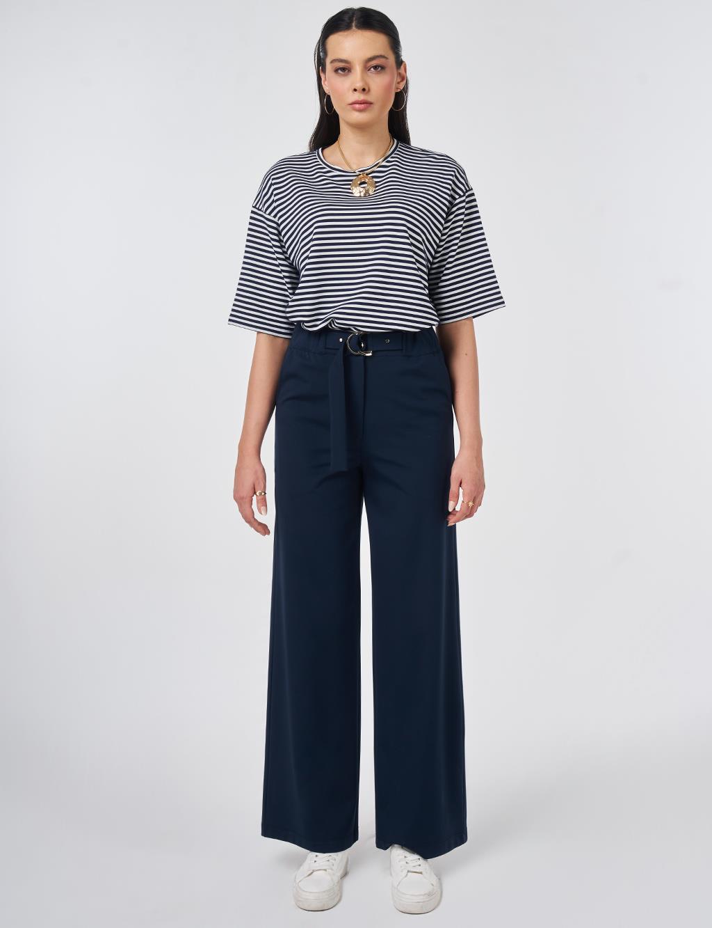 Metal-Buckle Rayon Pants Dark Navy
