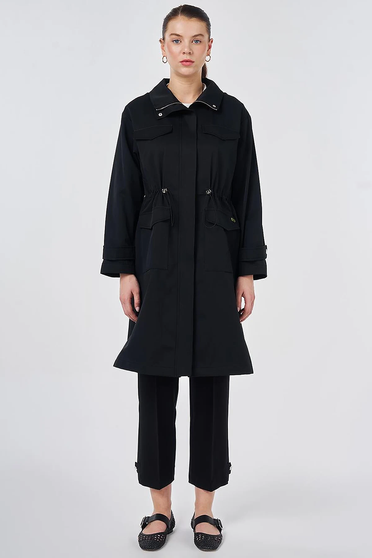 Stand Collar Flap-Pocket Detail Coat Black