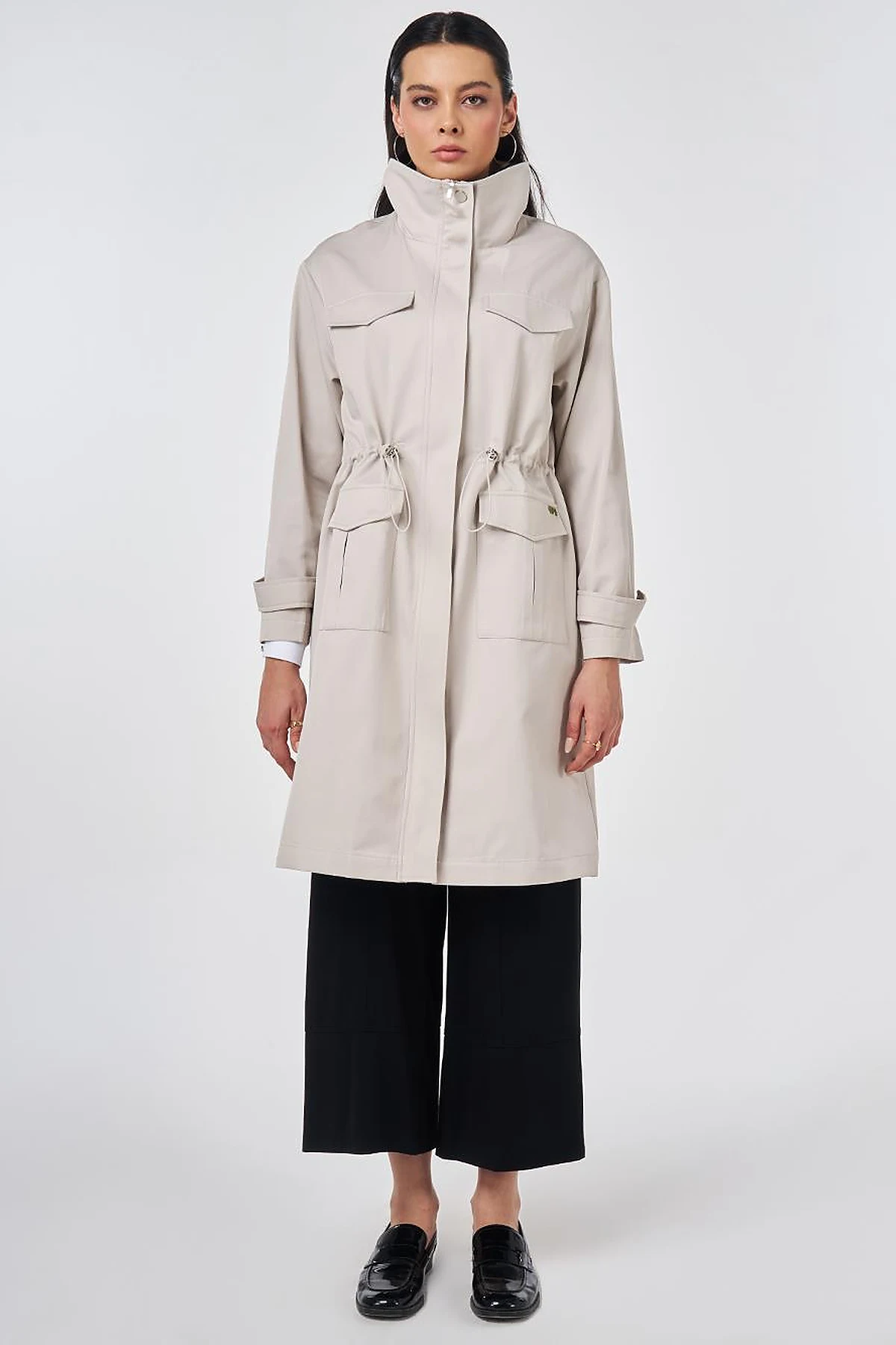 Stand Collar Flap-Pocket Detail Coat Stone