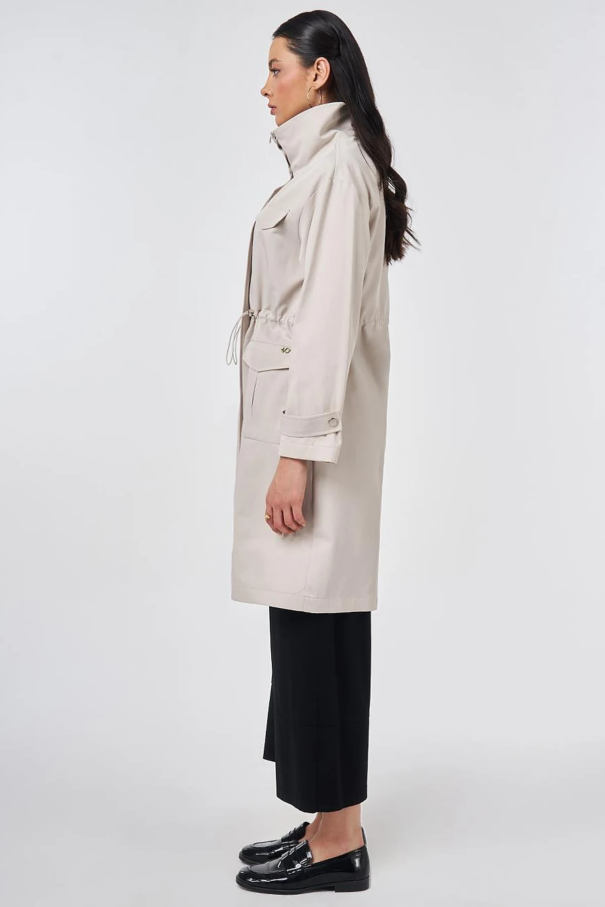 Stand Collar Flap-Pocket Detail Coat Stone
