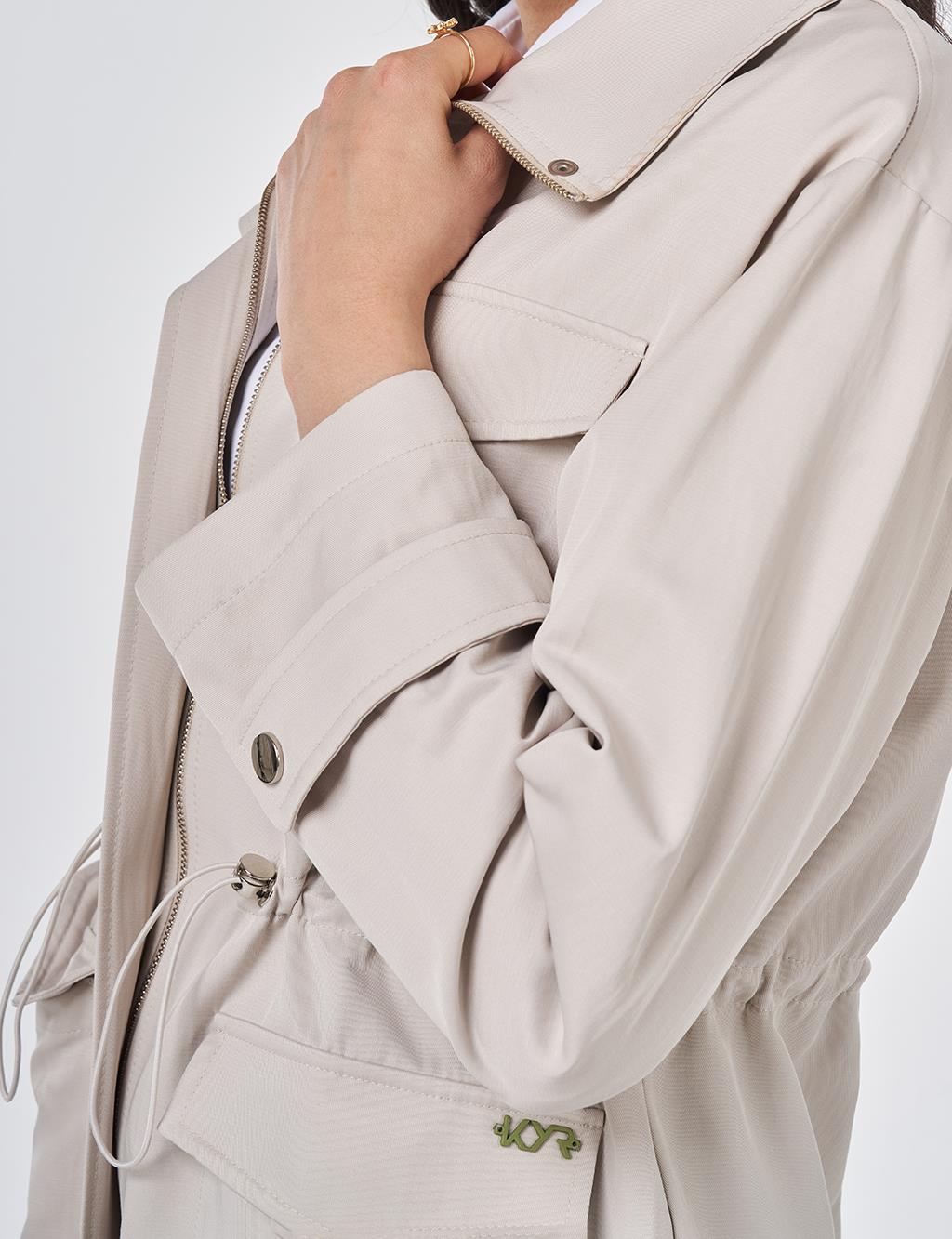 Stand Collar Flap-Pocket Detail Coat Stone