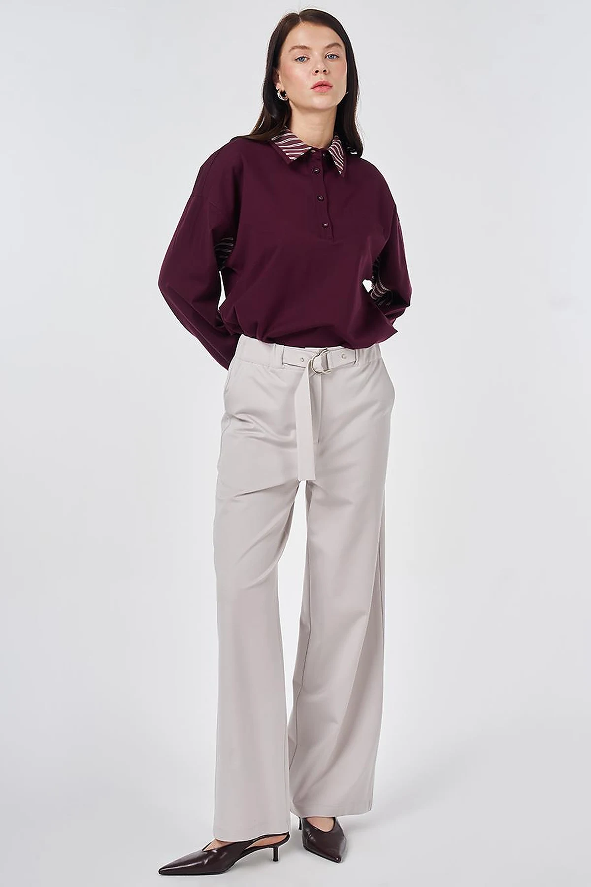 Metal-Buckle Rayon Pants Light Gray
