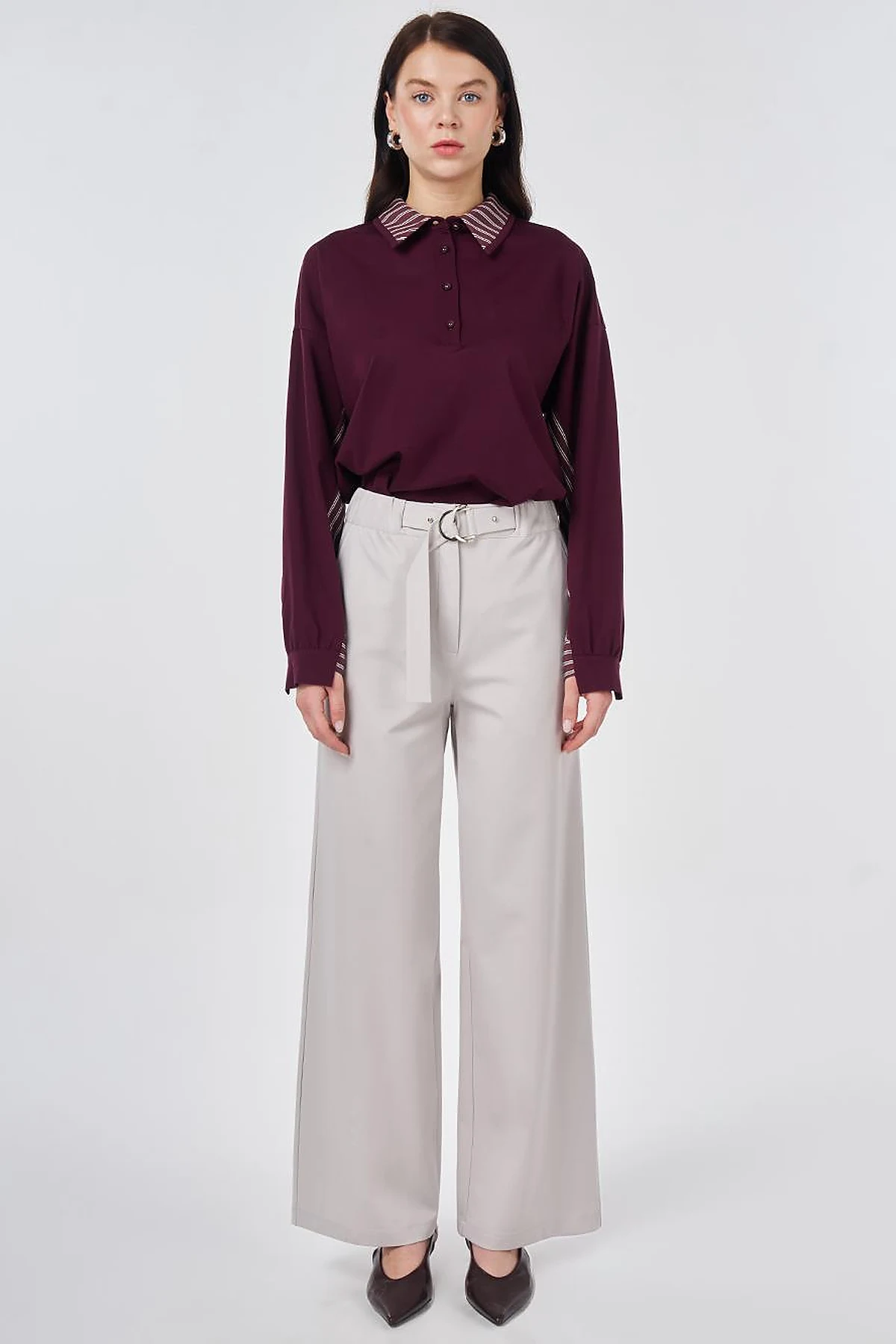 Metal-Buckle Rayon Pants Light Gray