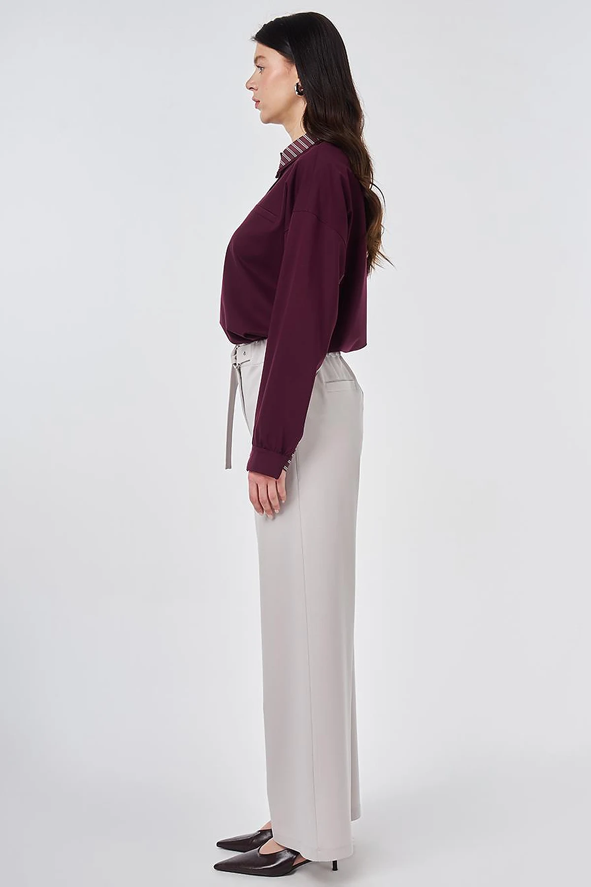 Metal-Buckle Rayon Pants Light Gray