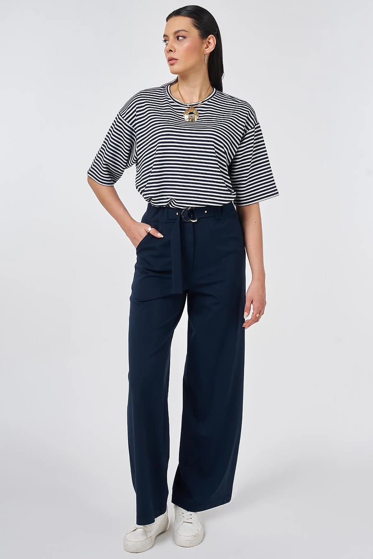 Metal-Buckle Rayon Pants Dark Navy
