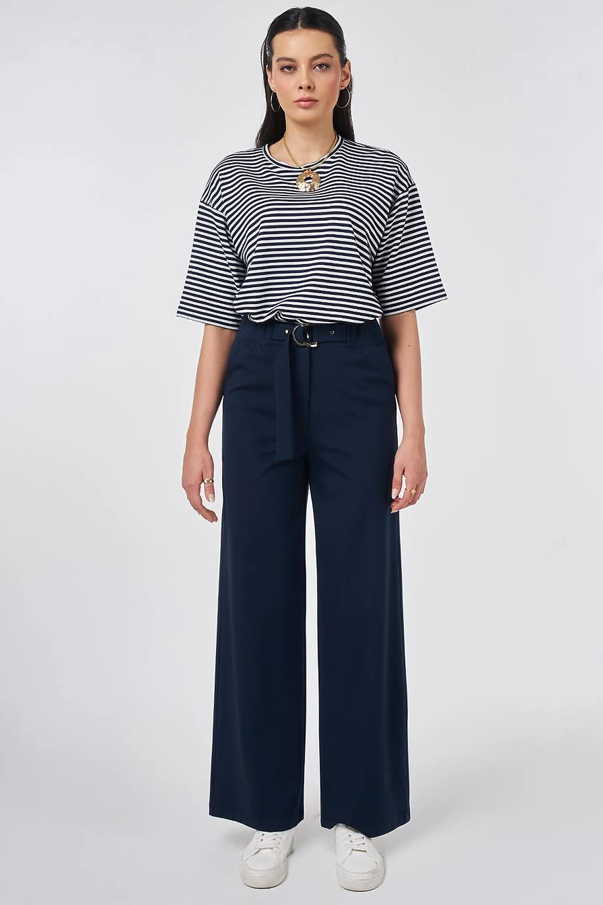 Metal-Buckle Rayon Pants Dark Navy