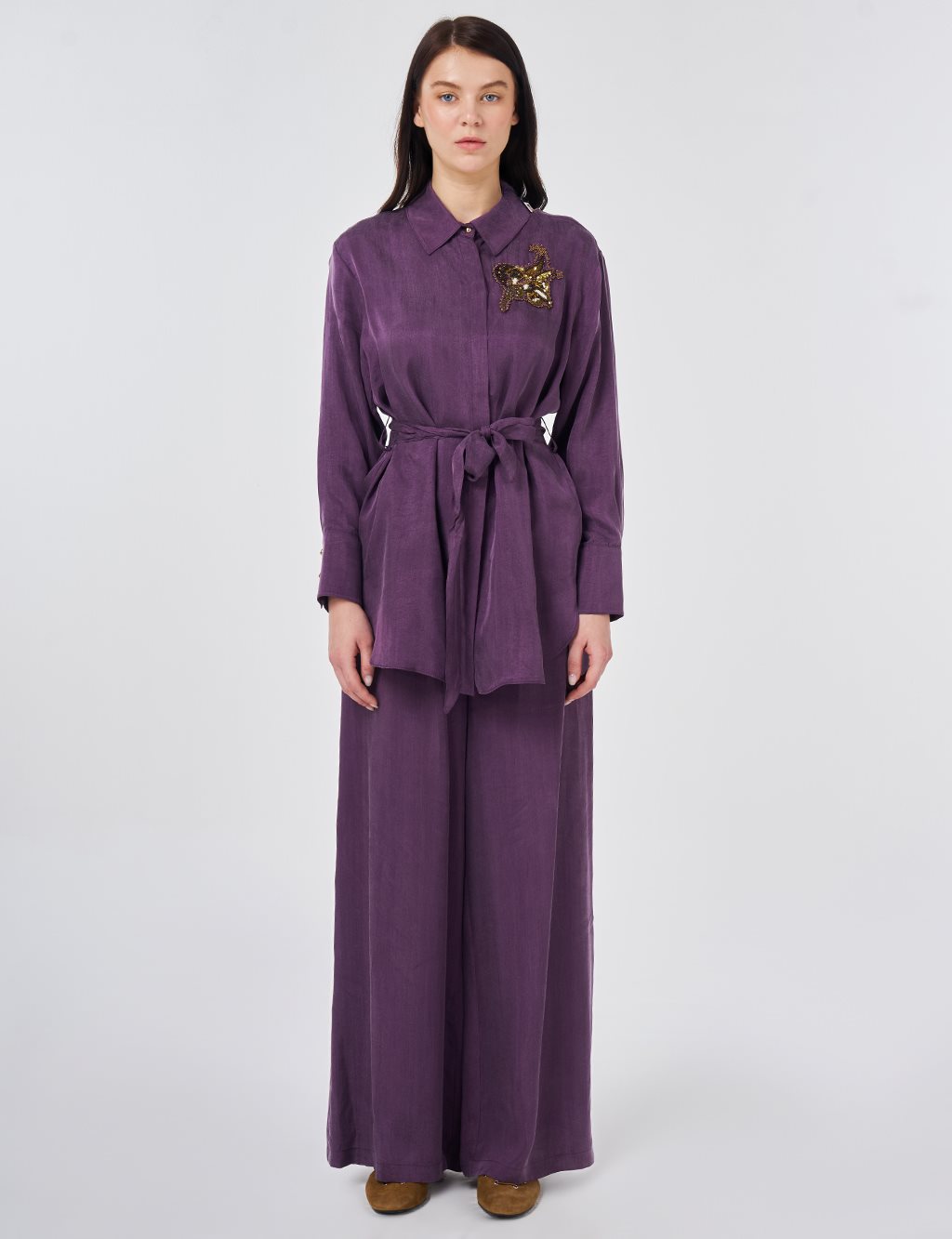 100% Lyocell Embroidered Two-Piece Set Eggplant Purple