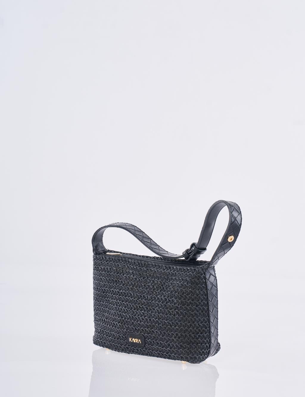 Straw Bag with Leather Trim - Black