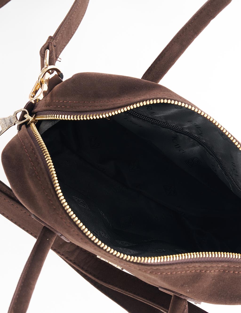 Logo Suede Handbag - Dark Brown