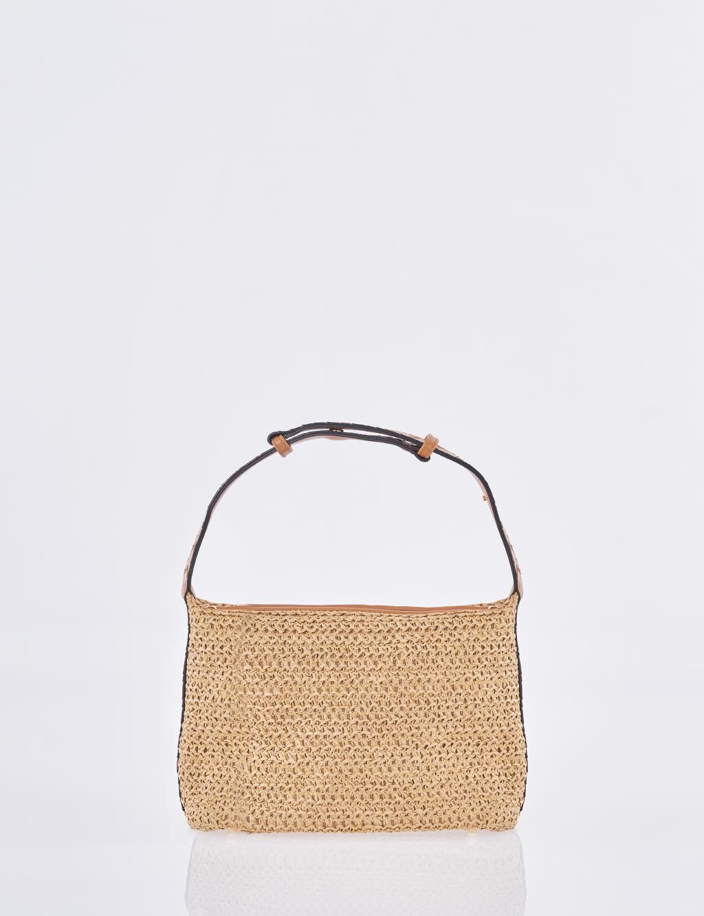 Straw Bag with Leather Trim - Tan