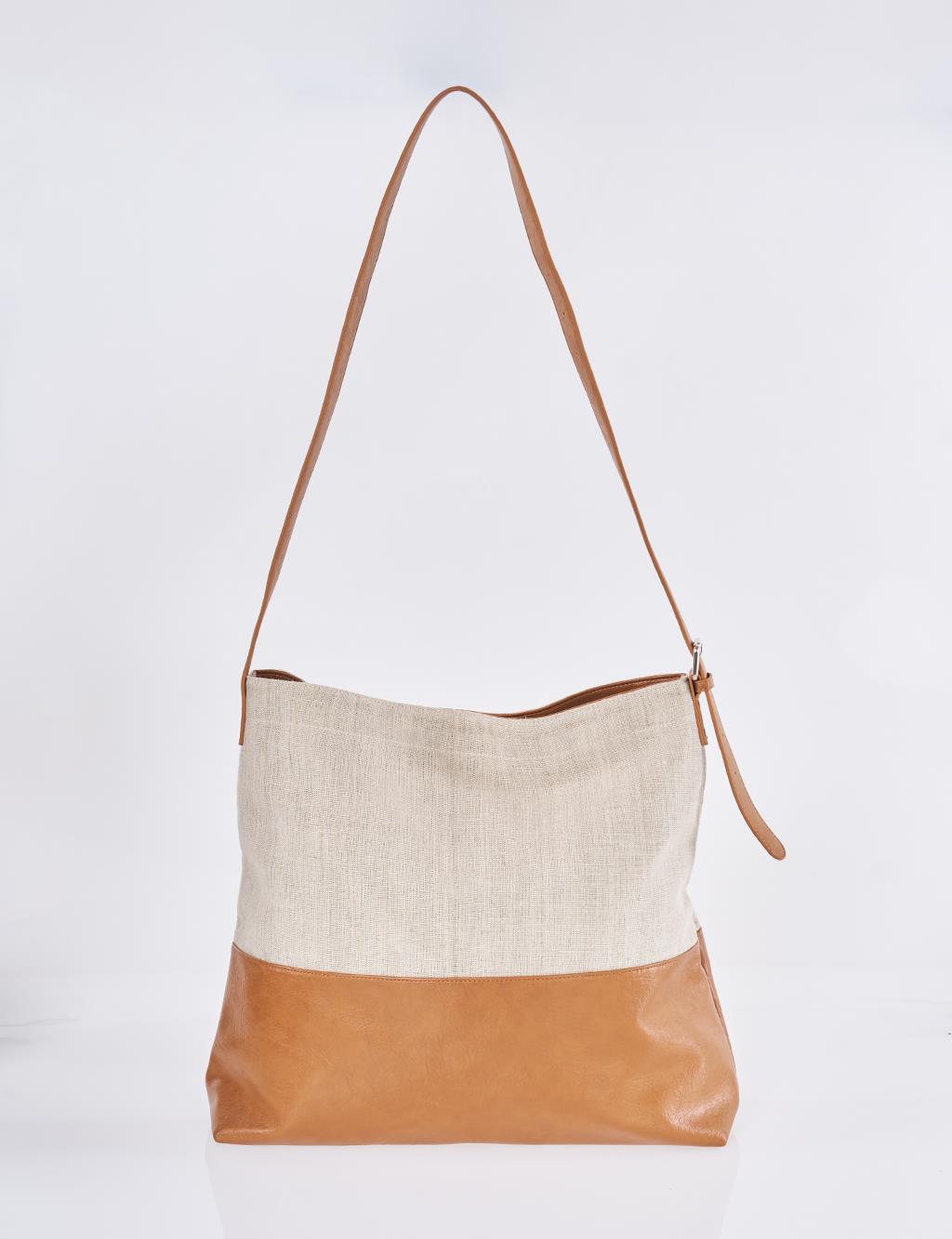 Leather-Trimmed Shopper Bag - Brown