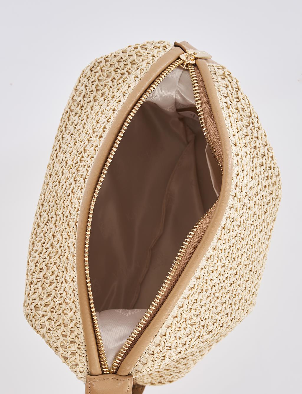 Straw Bag with Leather Trim - Cream