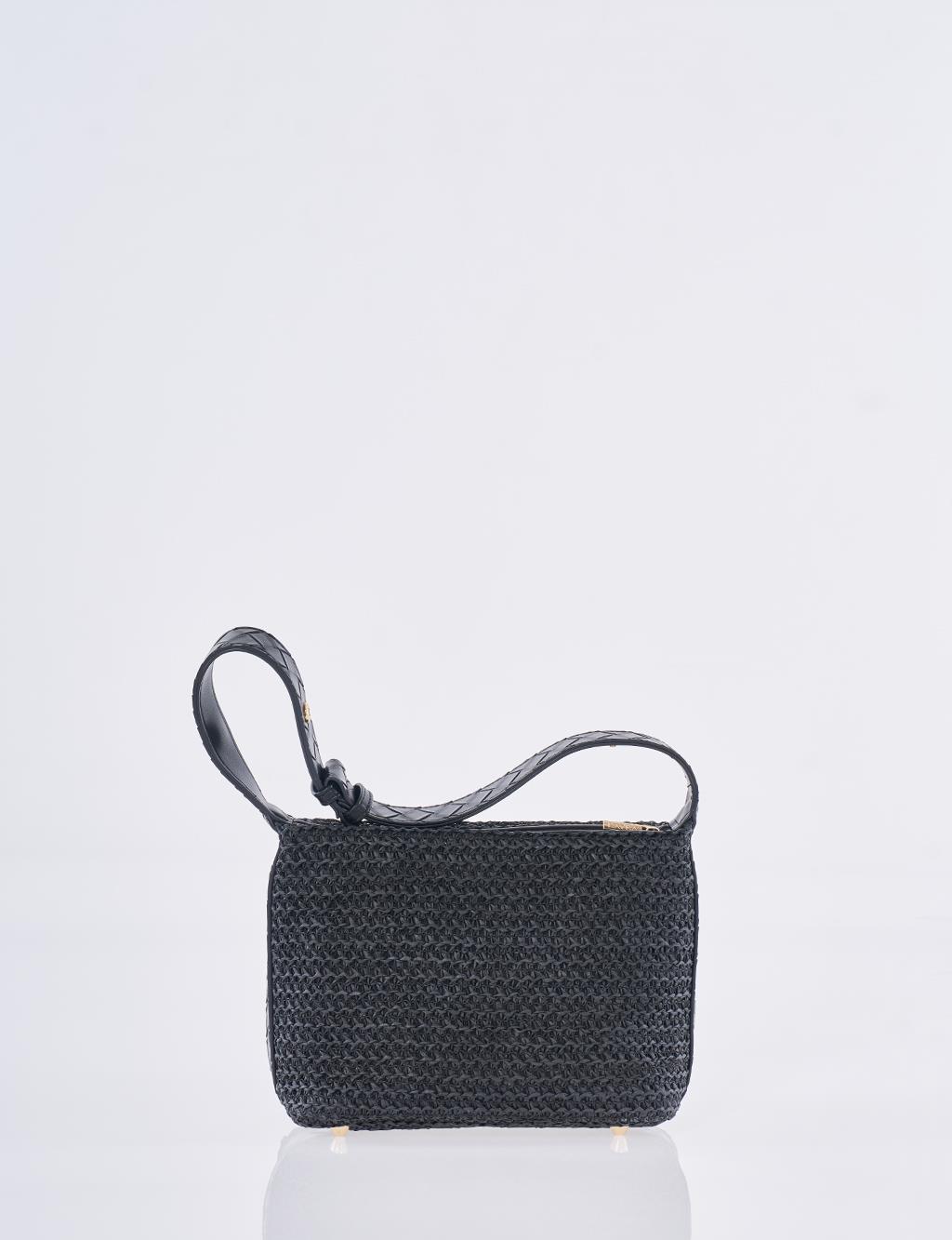Straw Bag with Leather Trim - Black