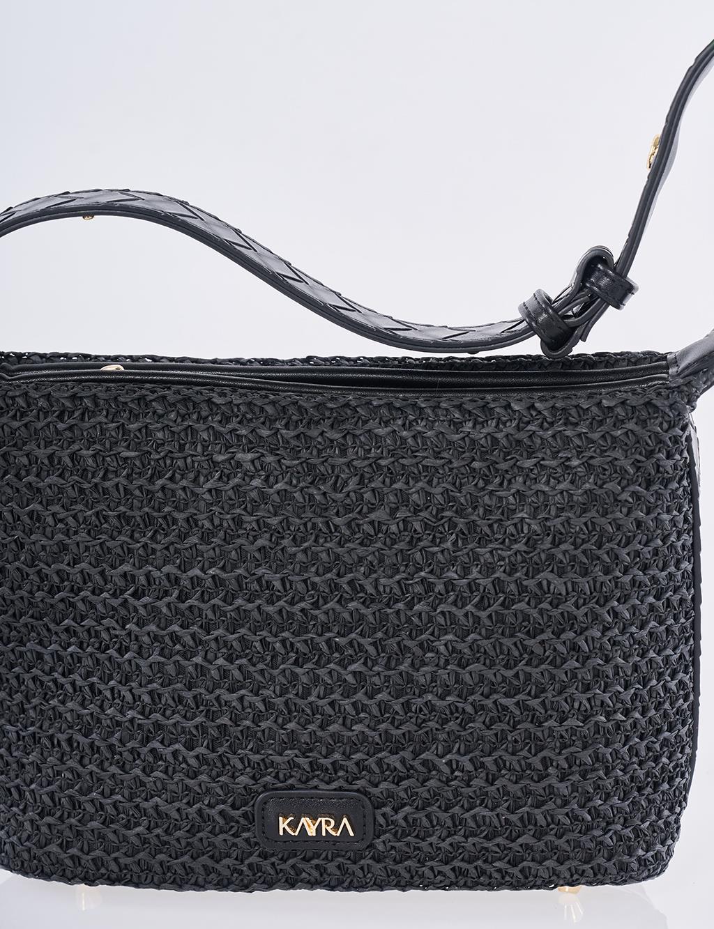 Straw Bag with Leather Trim - Black